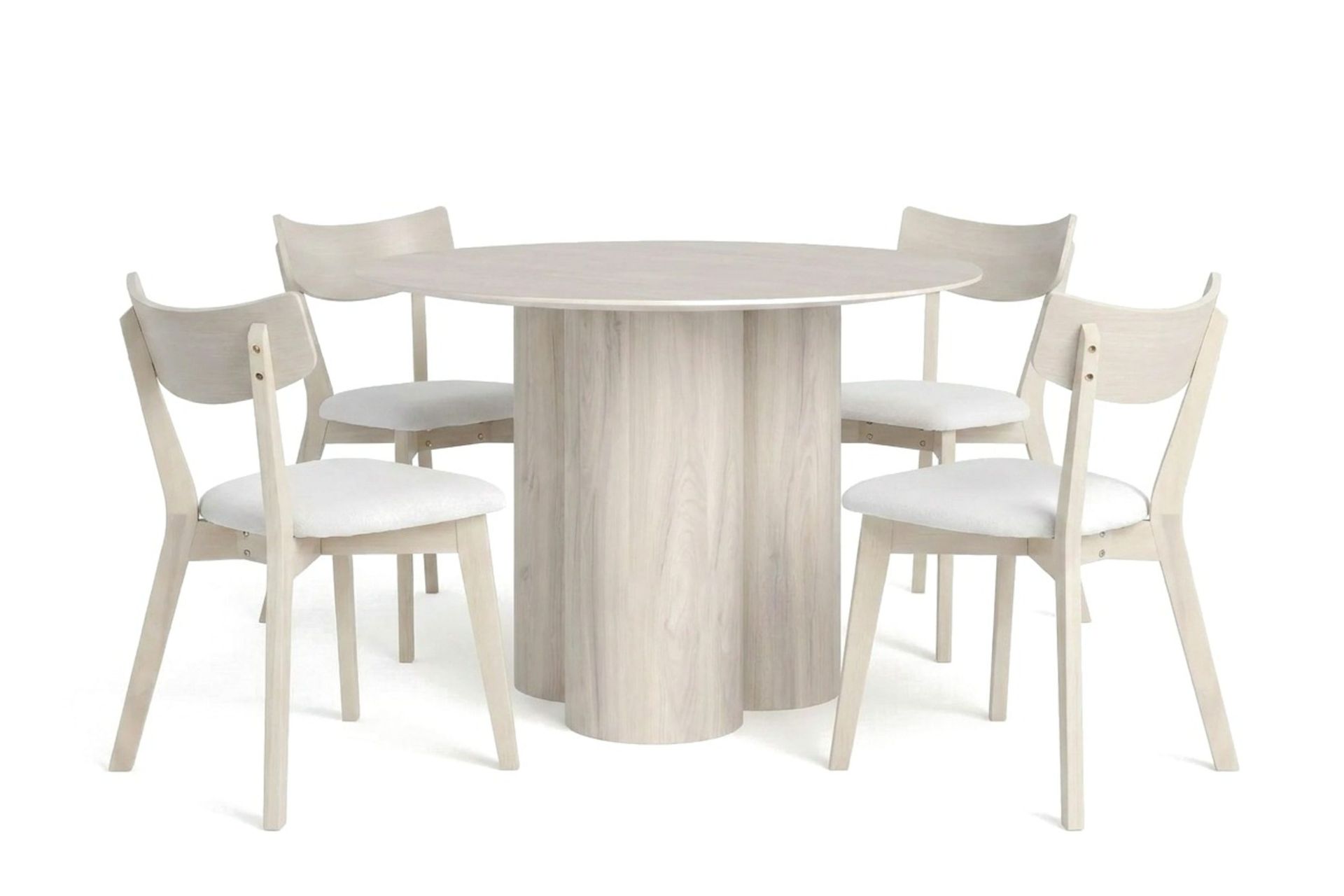 Juno Matgrupp 110 cm runt Vitlaserad med 4 Amelia Matstolar med Dyna - Vitlaserad/Beige