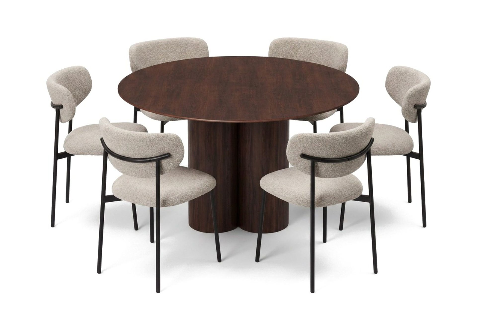 Juno Matgrupp runt 130 cm Valn&ouml;t med 6 Lucy Matstolar - Valn&ouml;t