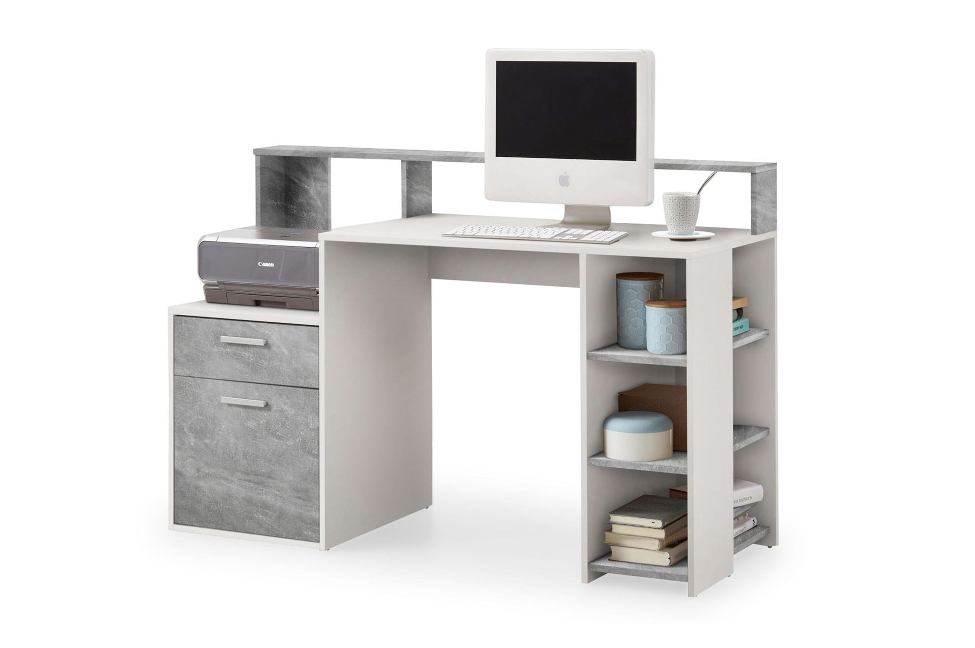 Bolton Skrivbord 139 cm med Förvaring - Betonggrå/Vit
