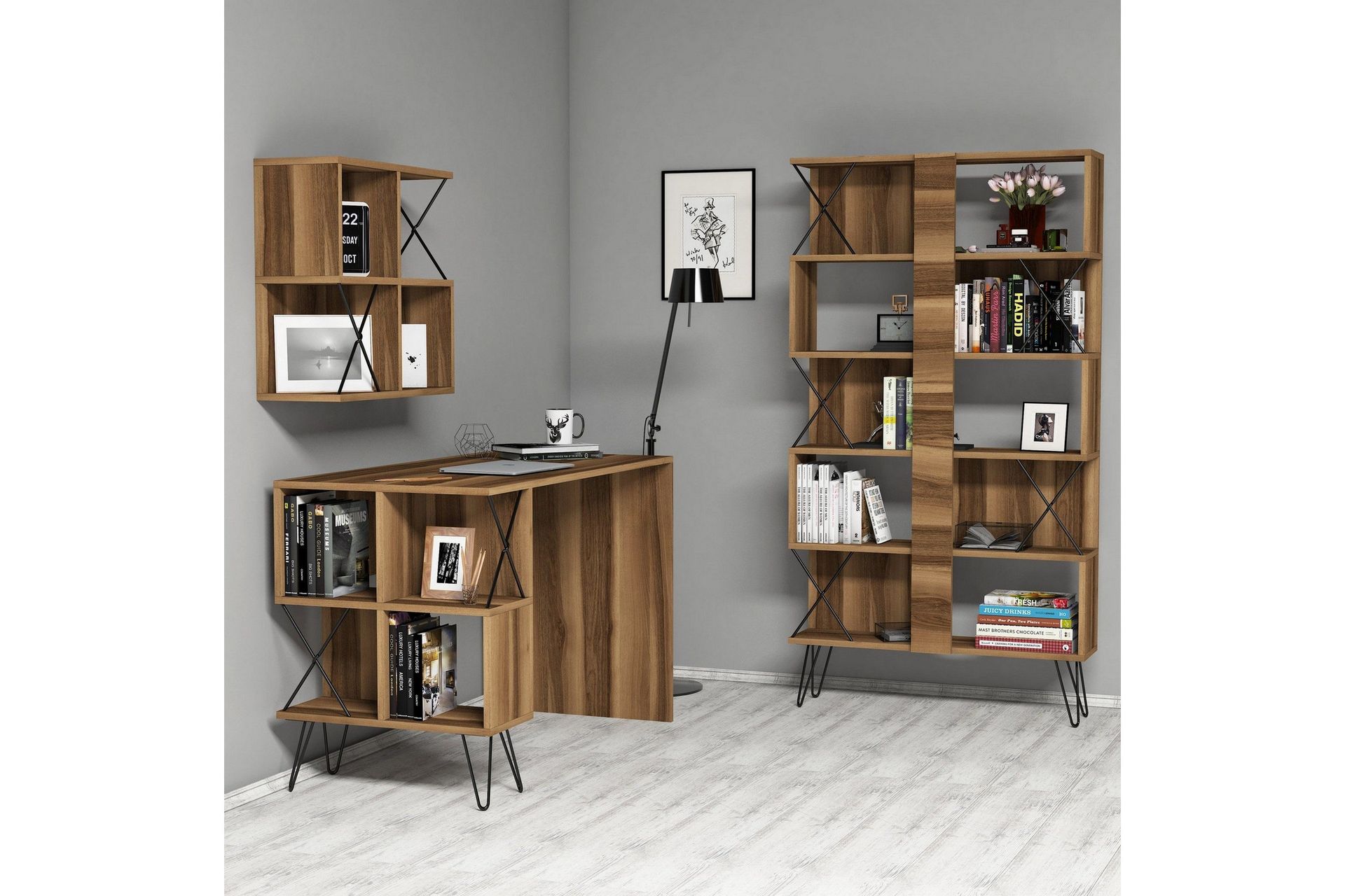 Hovdane Skrivbord 120 cm med F&ouml;rvaring + 2 Bokhyllor - Brun/Svart/Ek