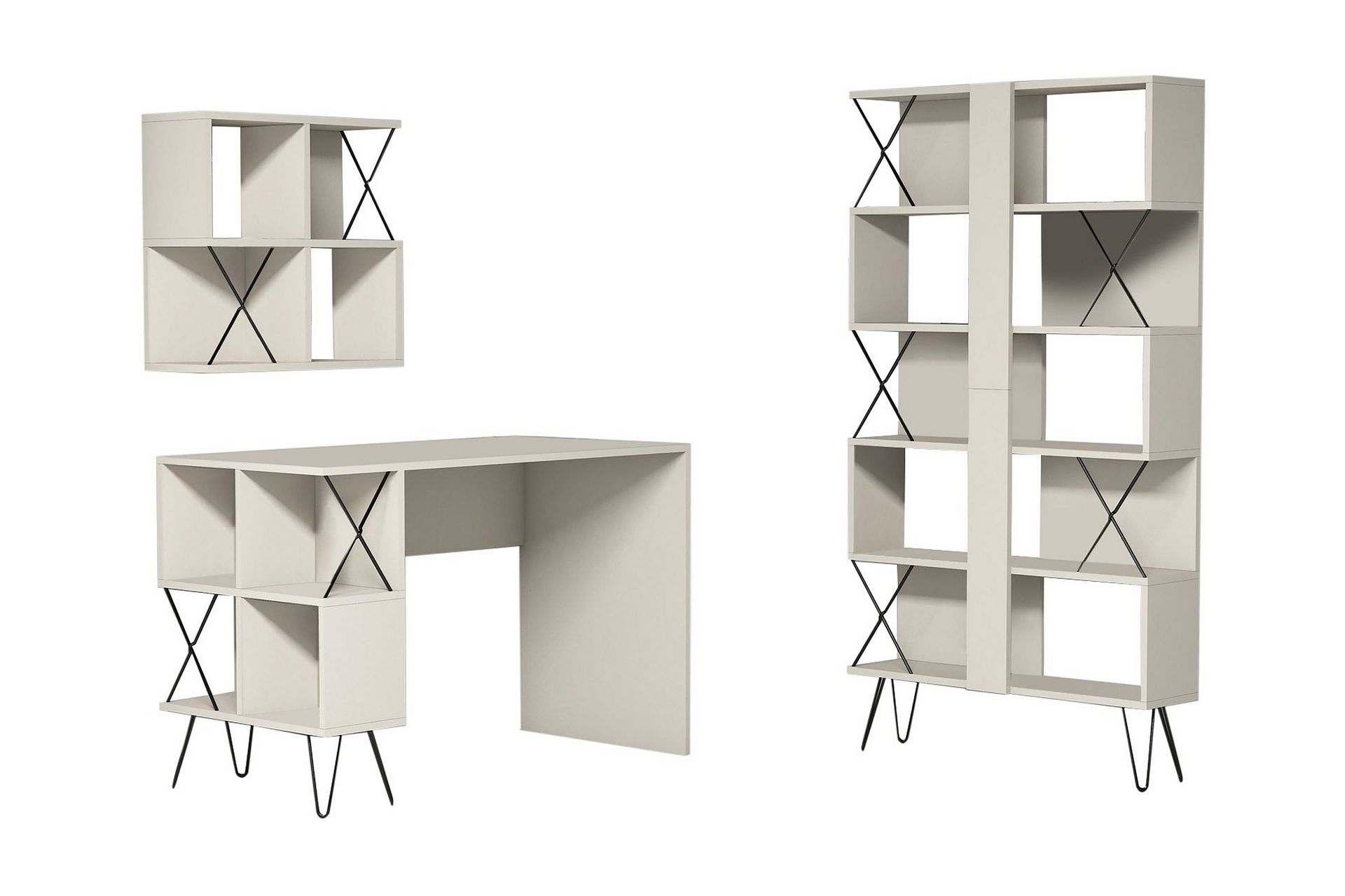 Hovdane Skrivbord 120 cm med F&ouml;rvaring + 2 Bokhyllor - Kr&auml;mvit/Svart