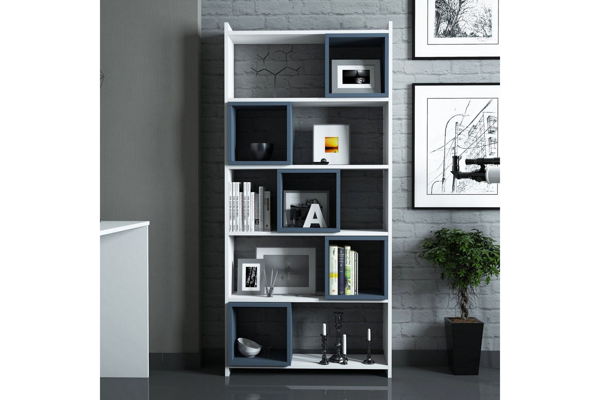 Hovdane Skrivbord 120 cm med F&ouml;rvaring + V&auml;gghylla + - Vit/Bl&aring;