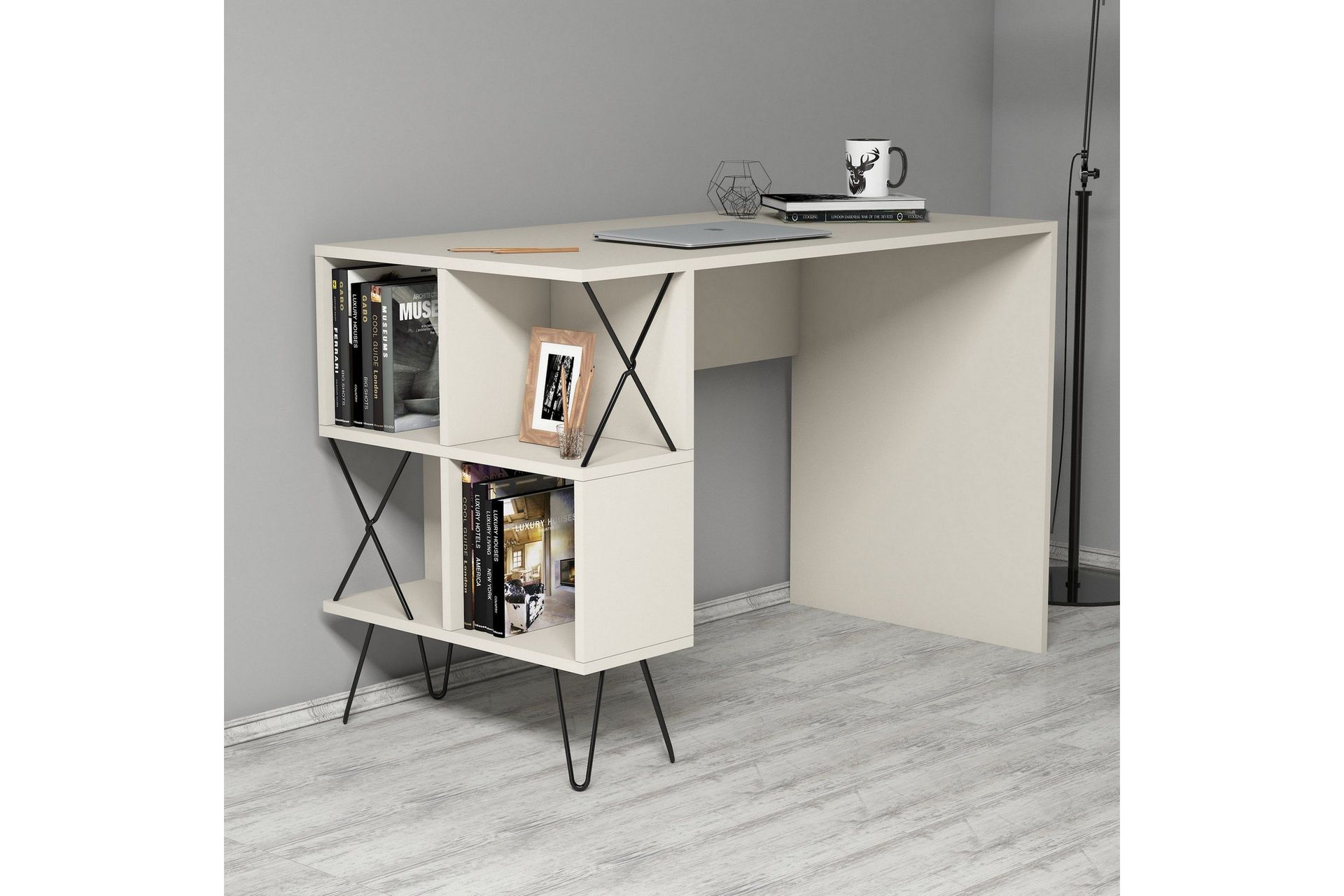 Hovdane Skrivbord 120 cm med Förvaring Hylla - Beige