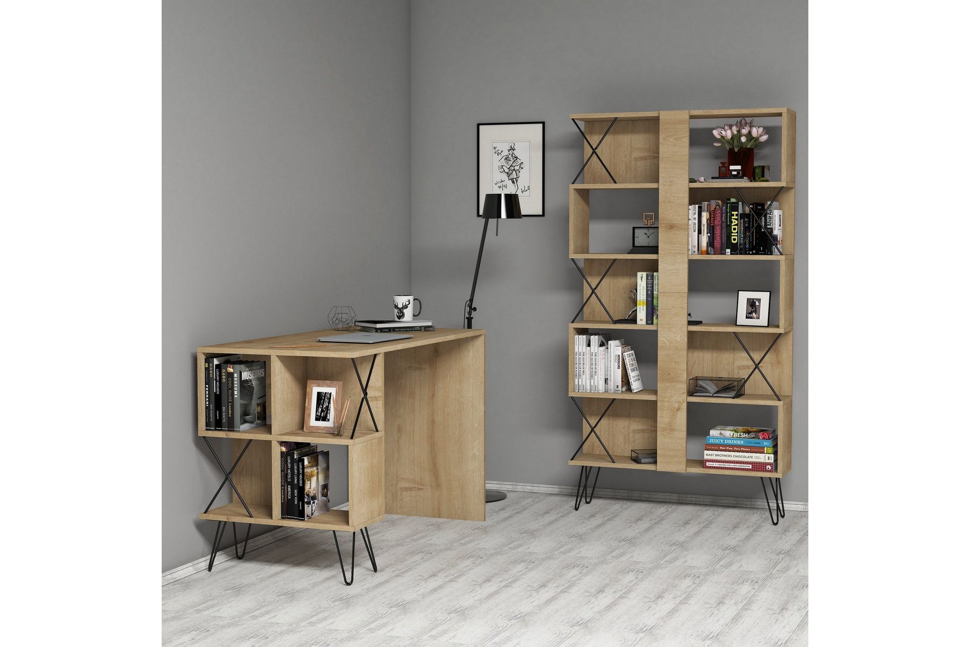Hovdane Skrivbord 120 cm med Förvaring Hylla + Bokhylla - Brun/Ek