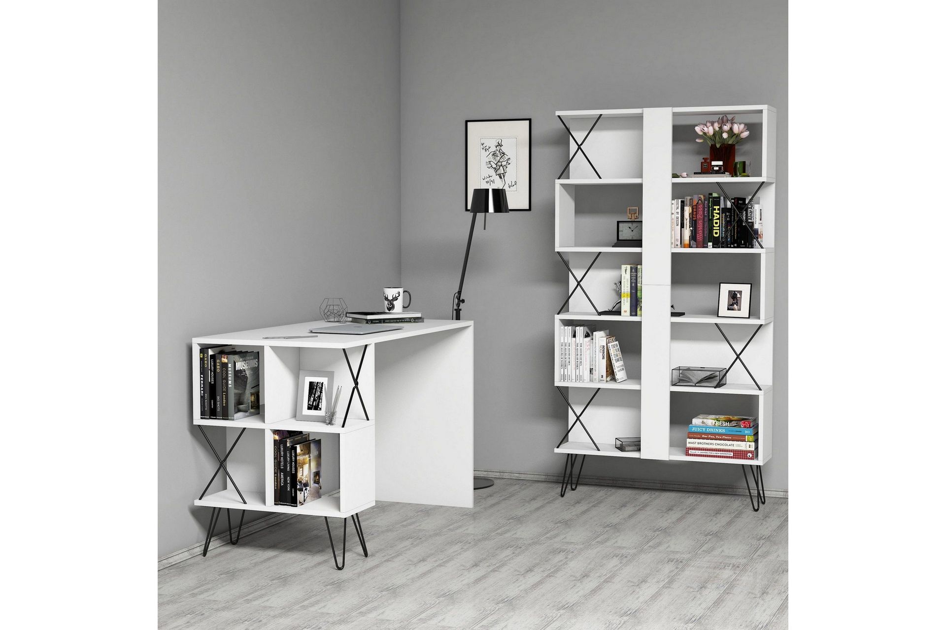 Hovdane Skrivbord 120 cm med Förvaring Hylla + Bokhylla - Extra Vit