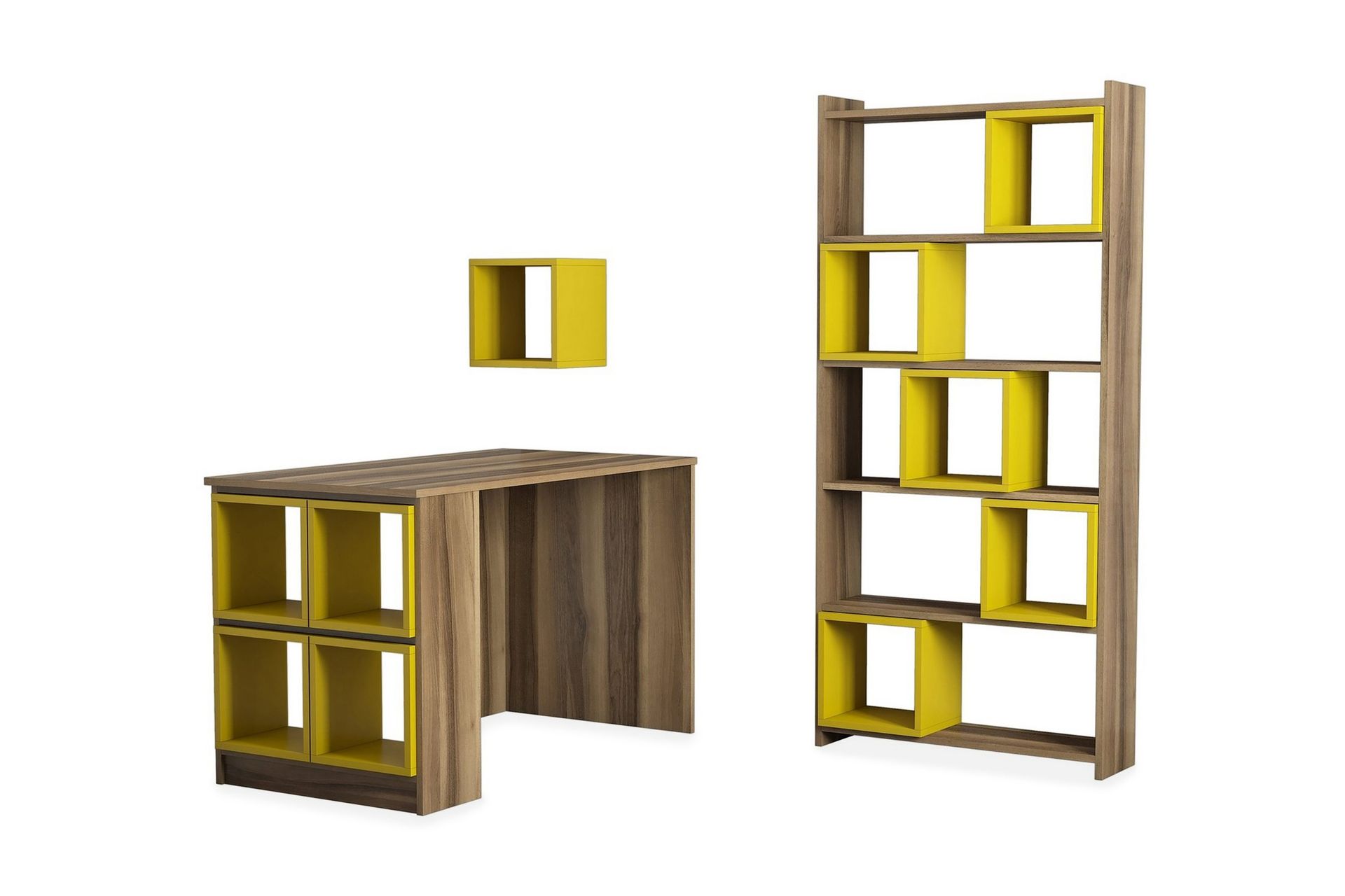 Hovdane Skrivbord 120 cm med F&ouml;rvaring Hylla+V&auml;gghylla+Bokhy - Brun/Gul