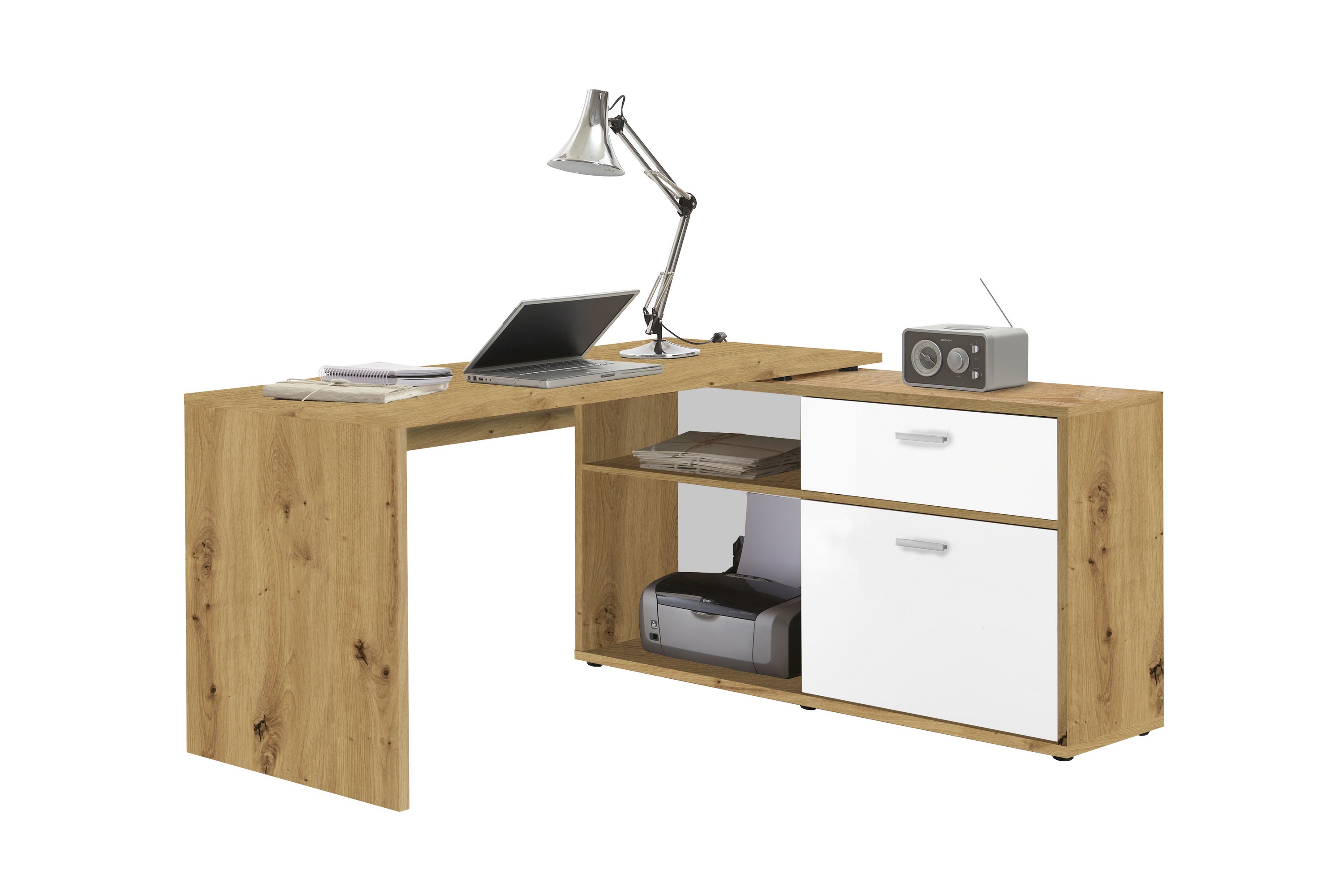 Hörnskrivbord Pirley 138 cm Svängd med Förvaring Brun/Vit