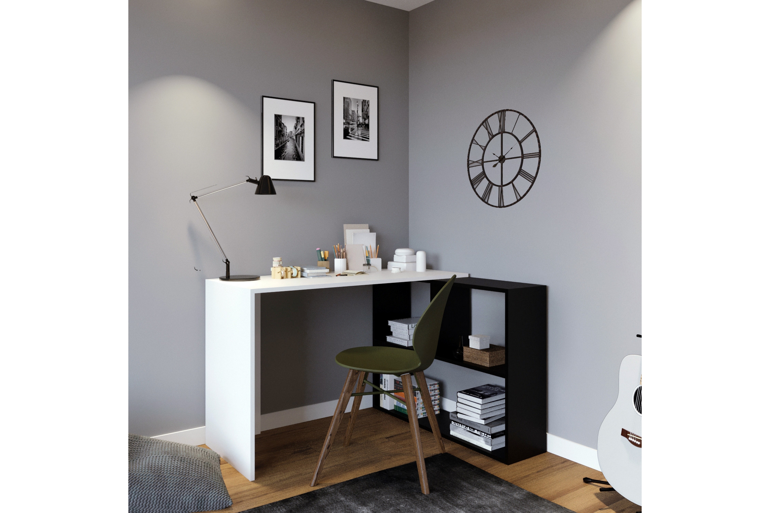 Hörnsskrivbord Canfeza 120 cm med Förvaring Vit/Svart