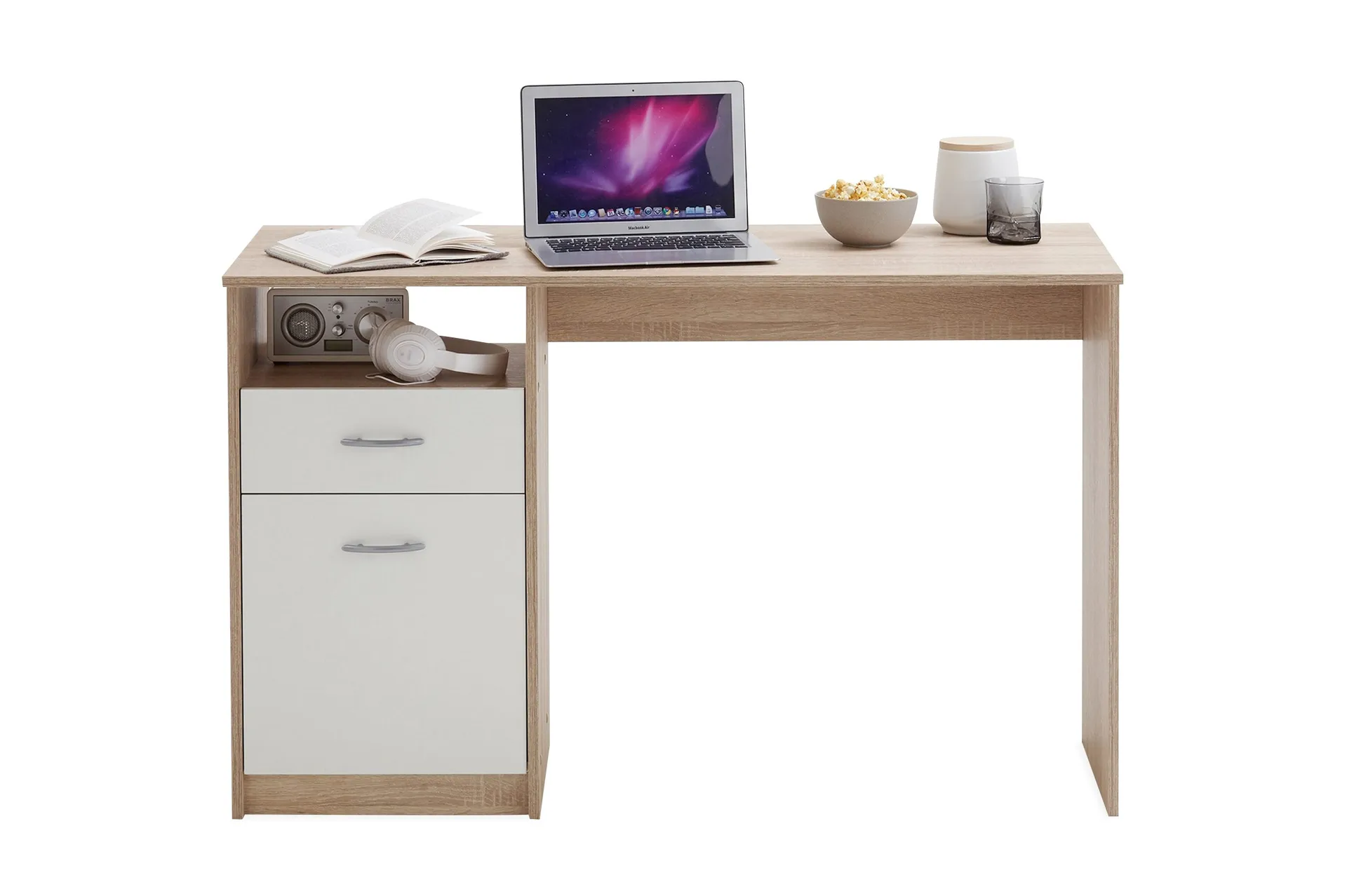 Jackson Skrivbord 123 cm med F&ouml;rvaring Hylla + L&aring;da + Sk&aring;p - Vit/Tr&auml;