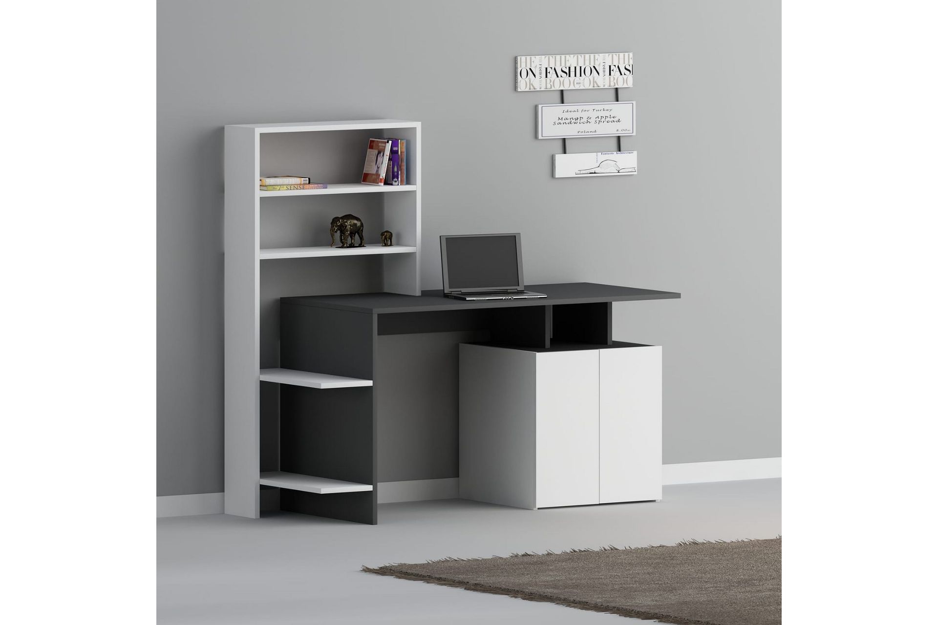 Leluard Skrivbord 146 cm med Förvaring Hyllor+Skåp - Vit/Antracit
