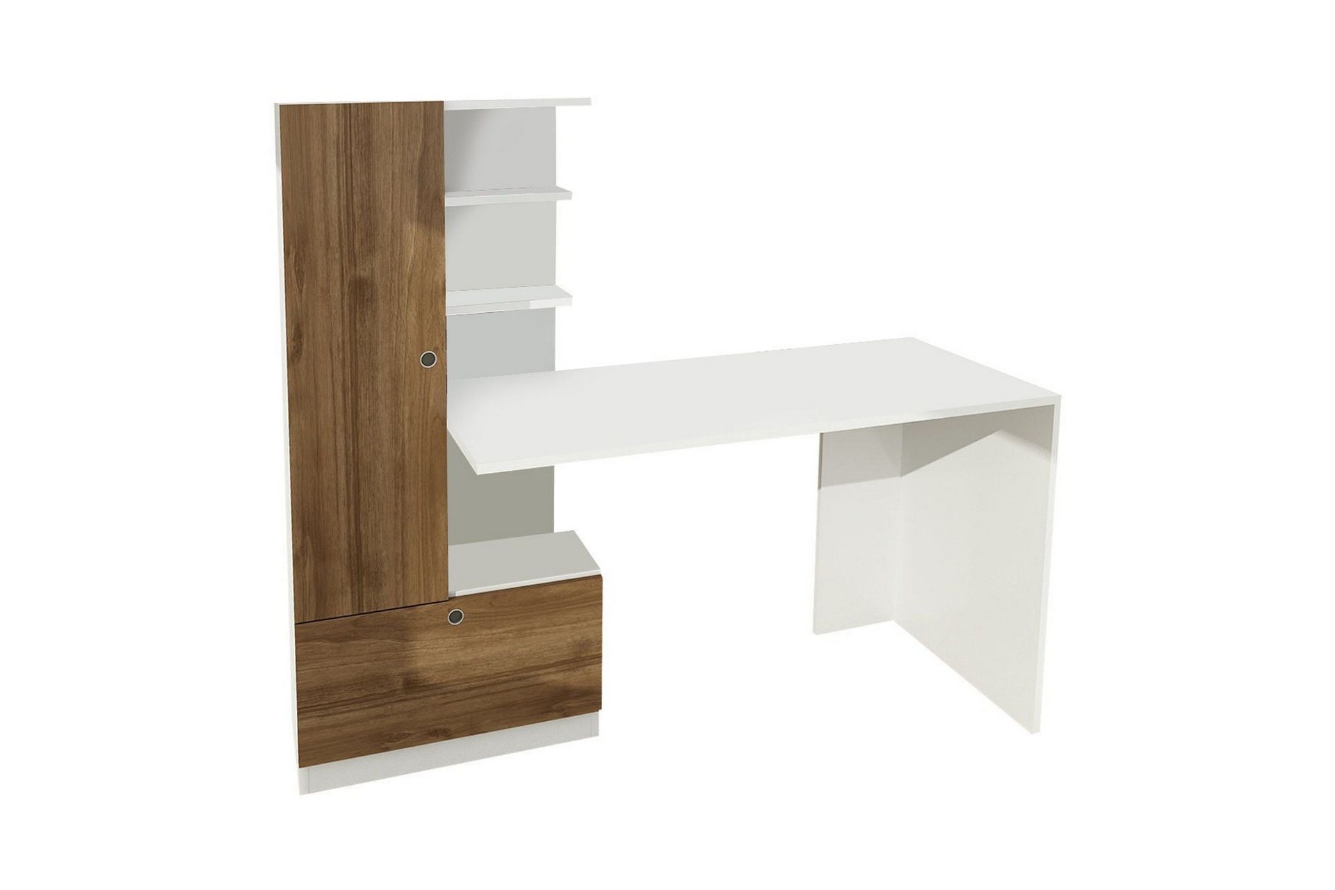 Merinoz Skrivbord 120 cm med Förvaring Hyllor + Låda + Skåp - Vit/Valnötsbrun