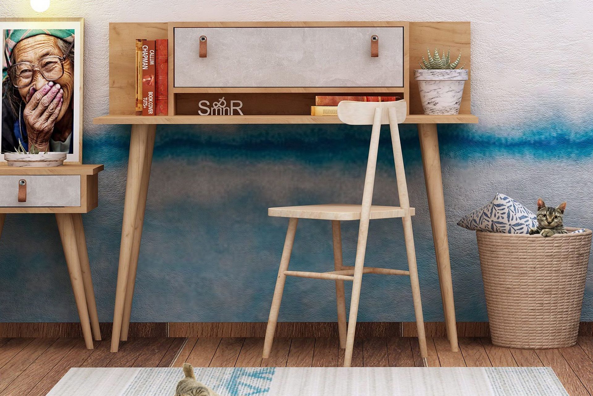 Mod Design Skrivbord 120 cm med Förvaring Hylla+Lucka Läderb - Trä/Vit