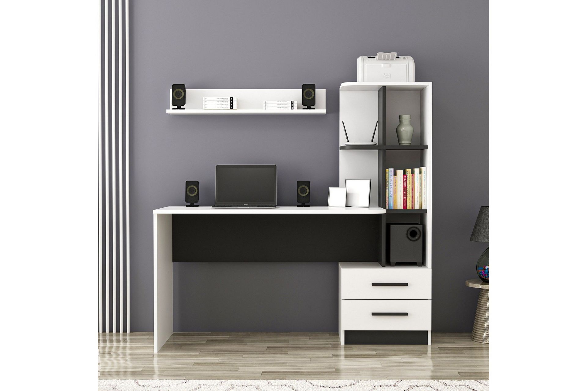 Puijas Skrivbord 120 cm med F&ouml;rvaring L&aring;da + Hyllor + V&auml;gghy - Vit/Svart