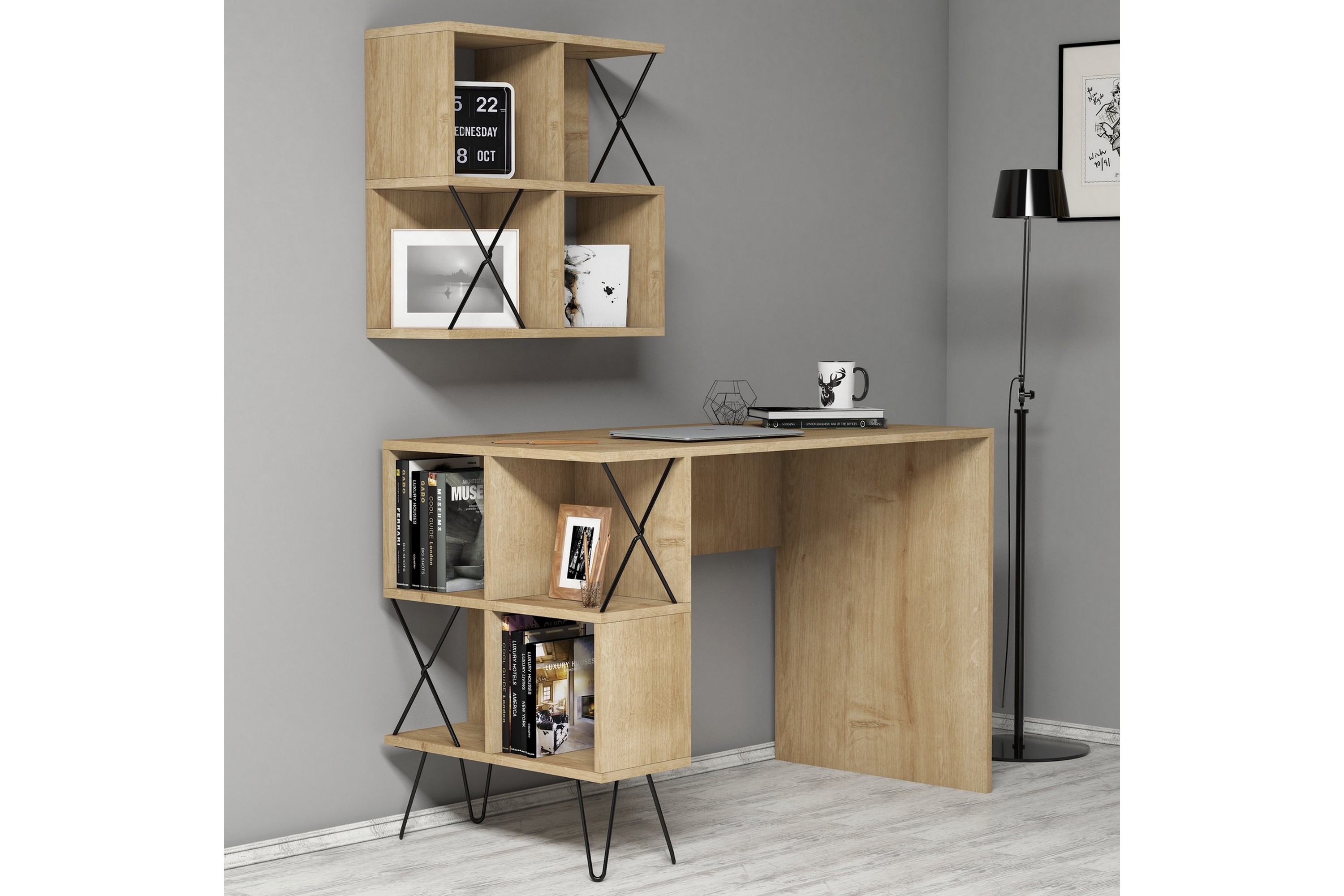 Skrivbord Amtorp 120 cm med Förvaring Hylla Bokhylla Liten Ljusbrun