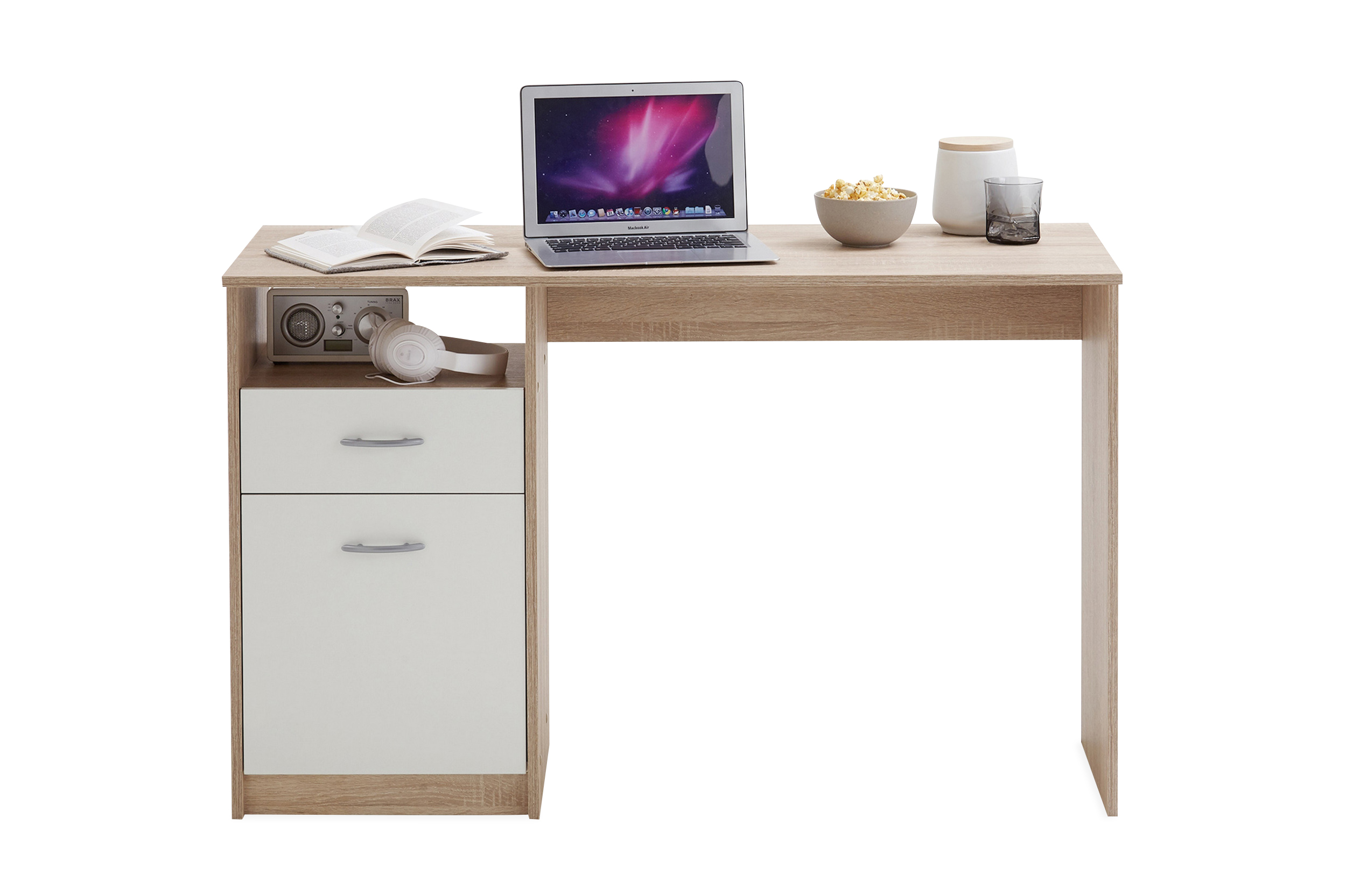 Skrivbord Melodi 123 cm med Förvaring Hylla Låda Skåp Vit/Trä
