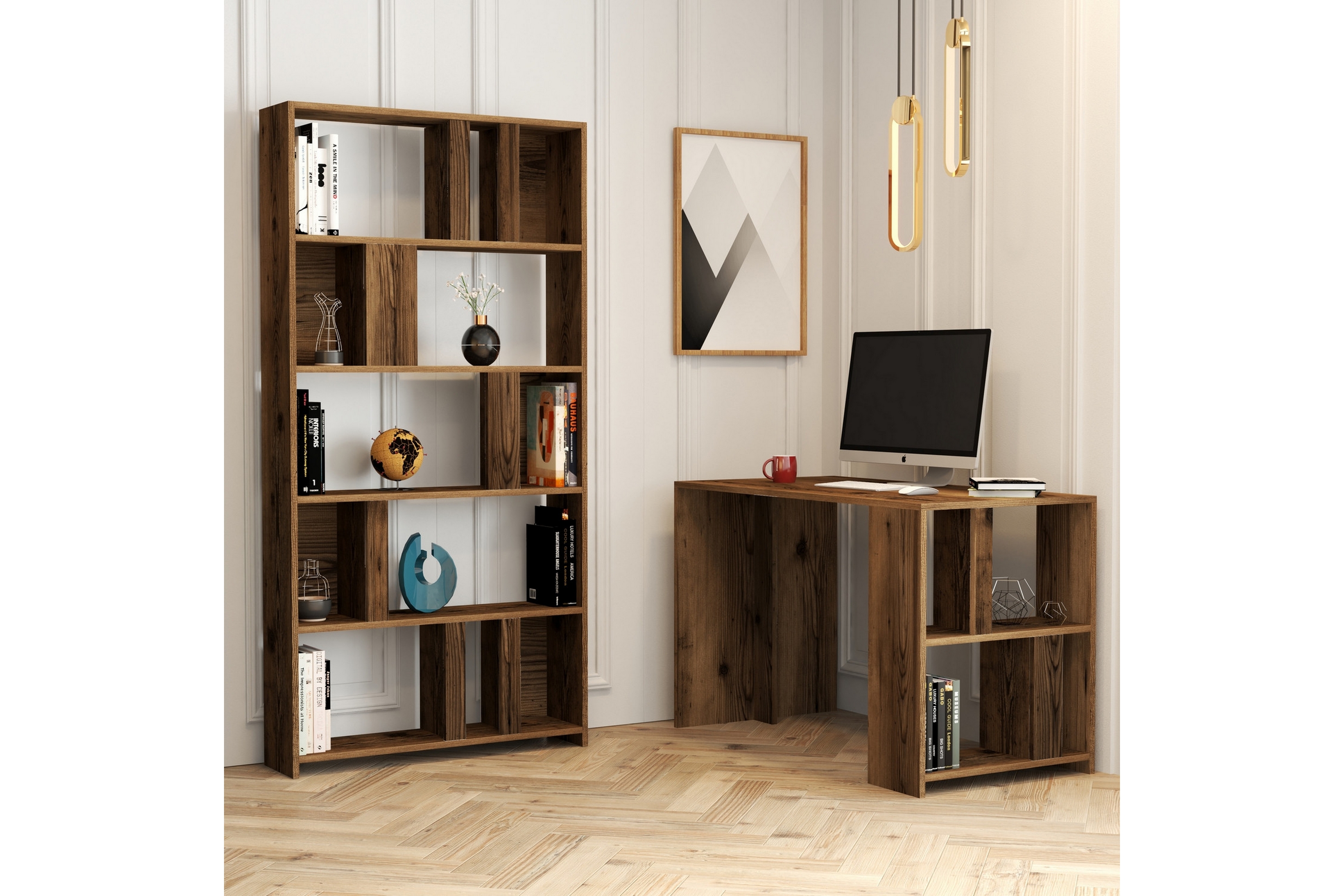 skrivbord tibani 120 cm med förvaring hylla + bokhylla - valnötsbrun