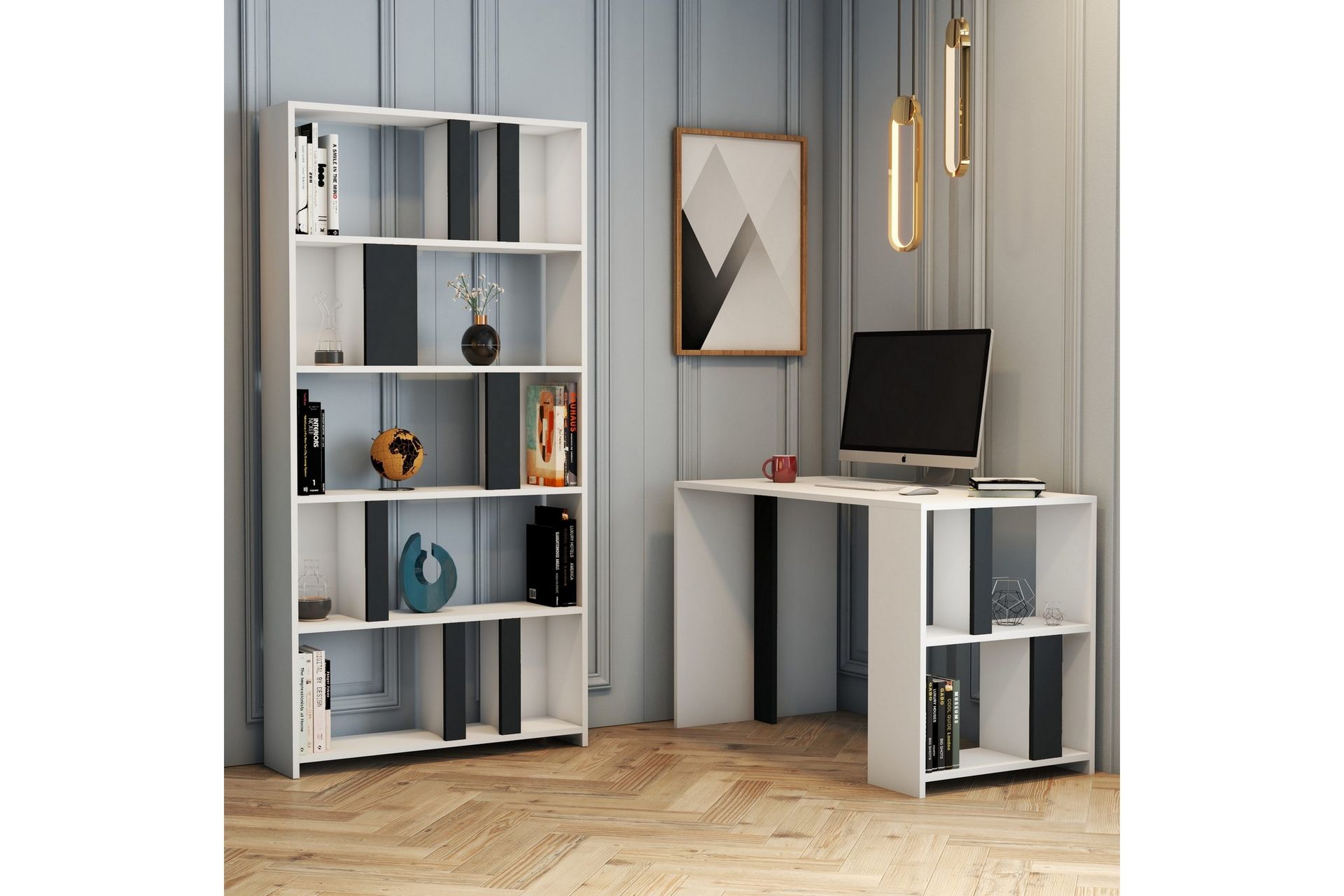 Timiza Skrivbord 120 cm med F&ouml;rvaring Hylla + Bokhylla - Vit/Antracit