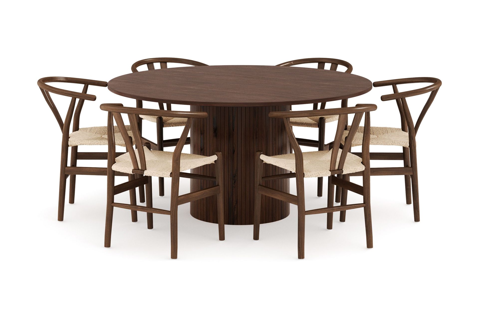 kopparbo matgrupp 150 cm rund med 6 dastoori matstolar - valnöt