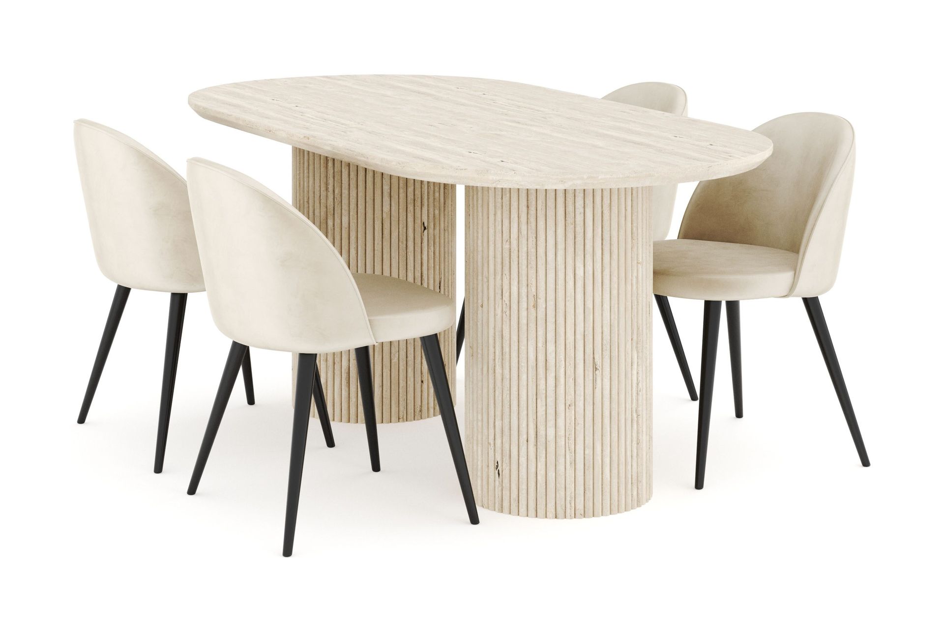 kopparbo matgrupp 180 cm oval med 4 valeri sammetsstolar - travetin