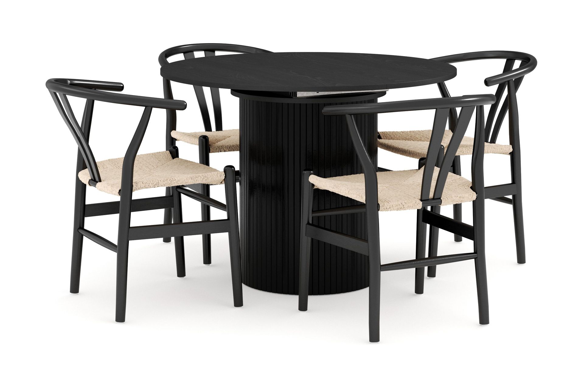 Kopparbo Matgrupp f&ouml;rl&auml;ngningsbart 106-156 cm Rund med 4 Dastoori Matstol - 2220067-4,2229314-1 - Svart