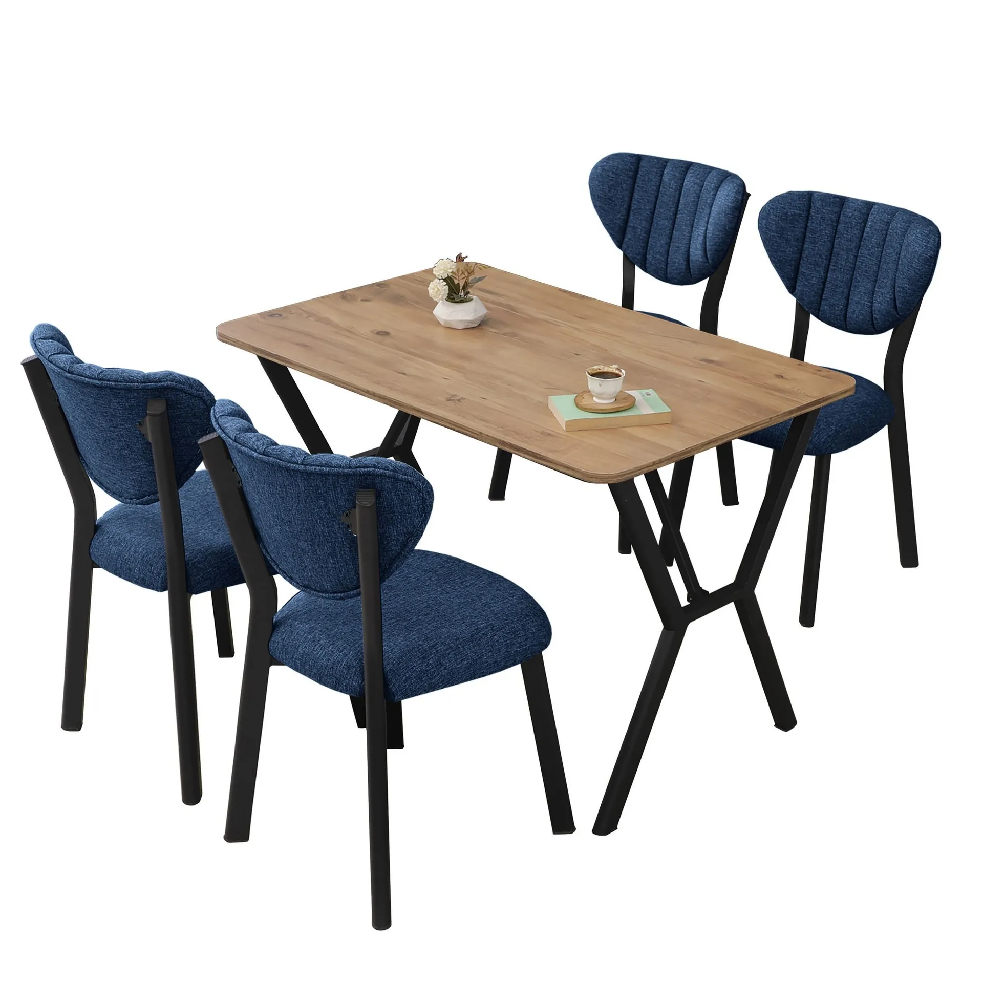 Krylor Matgrupp Bord 110 cm + 4 Stolar - Marinbl&aring; Och Valn&ouml;t
