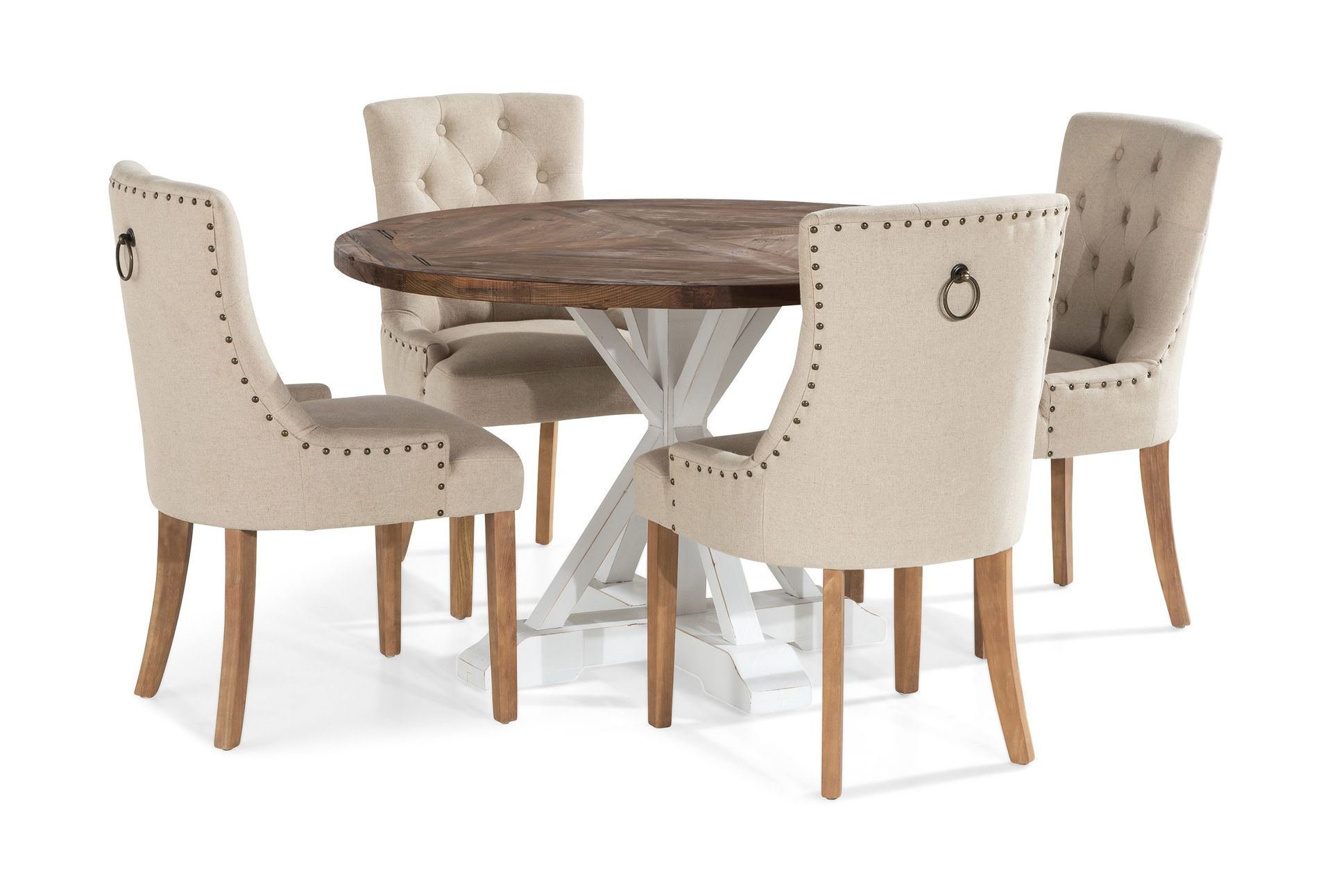 Lyon Matgrupp Rund med 4 st Viktoria F&aring;t&ouml;lj - Tr&auml;/Vit/Beige