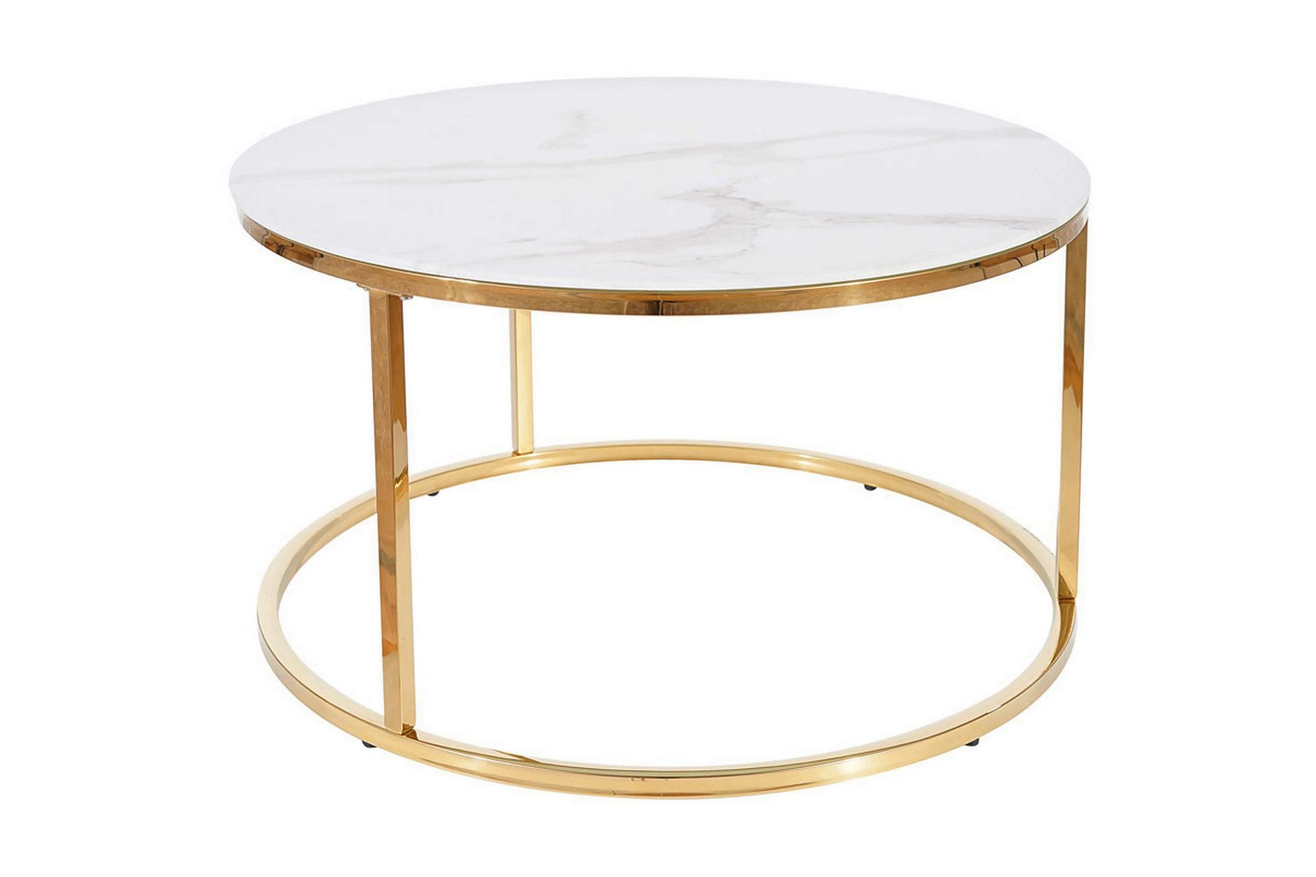 Sabines Soffbord 80 cm Runt Marmorm&ouml;nster - Vit/Guld/Glas