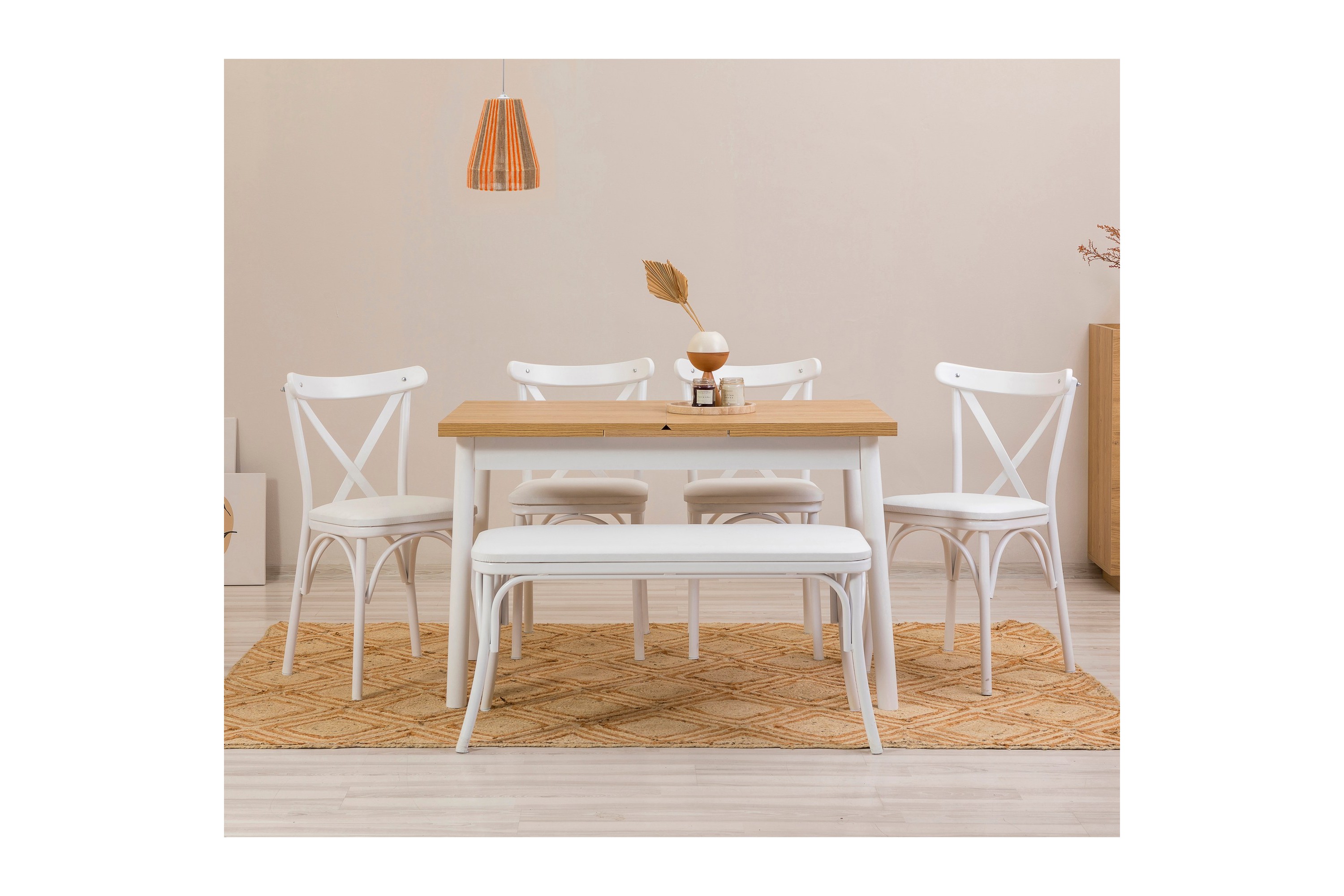 Matbord Oliver 120x75 cm 4 st Matstolar Bänk Vit/Brun Hanah Home