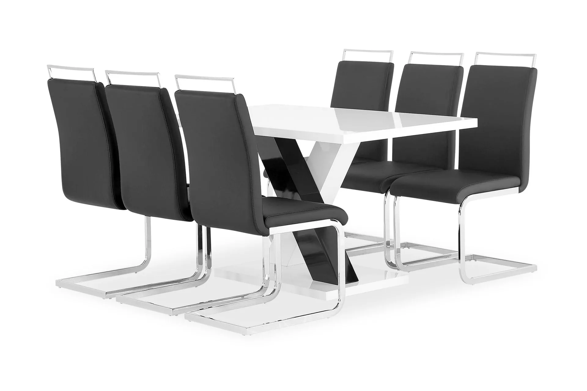 Cesi Matgrupp Rektangul&auml;rt matbord 140 cm + 6 Isoda L&auml;der Marstolar - Vit / Svart / Krome