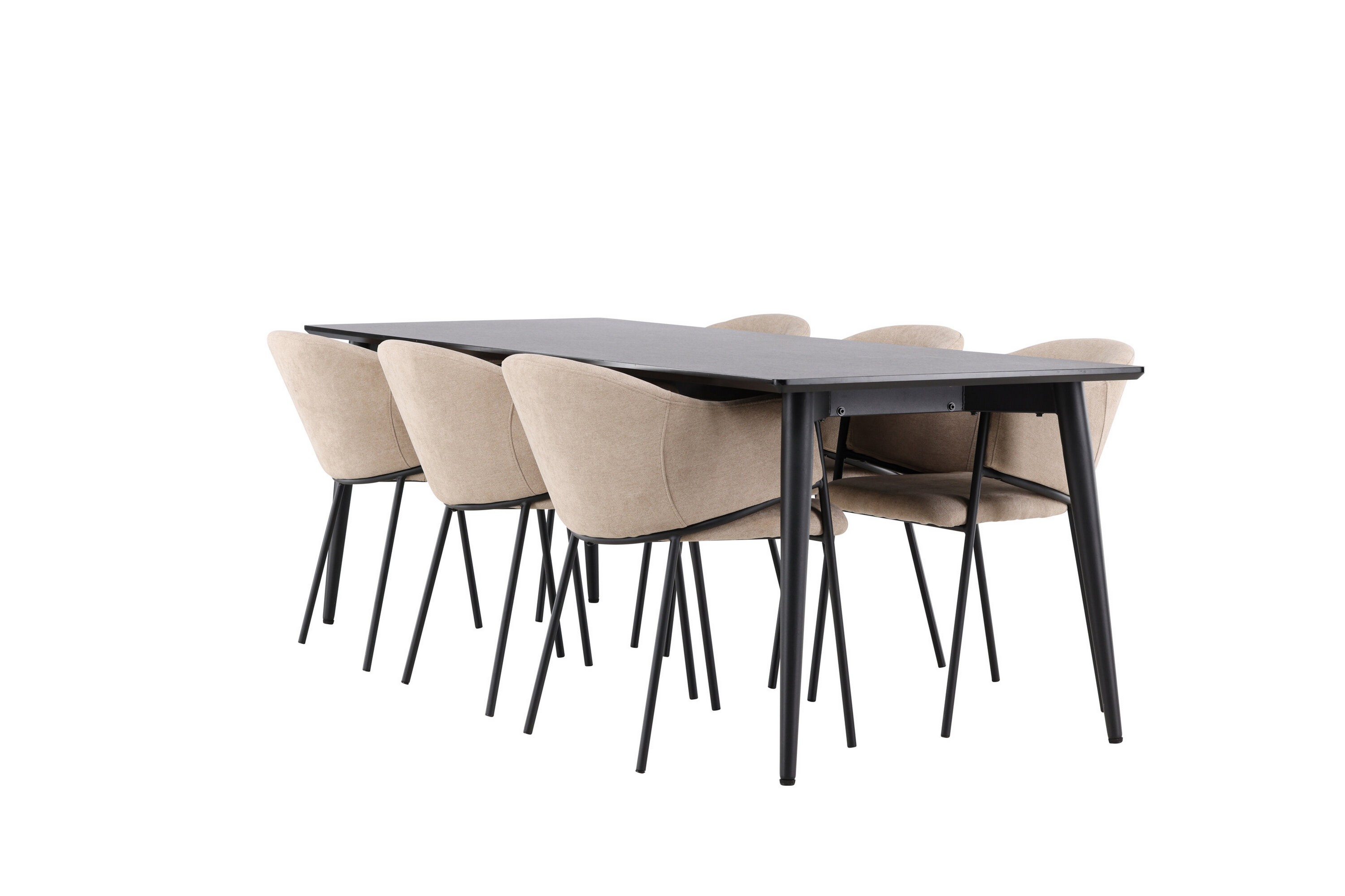 matgrupp ellis 230 cm rektangulär med 6 evelina stolar - svart/beige