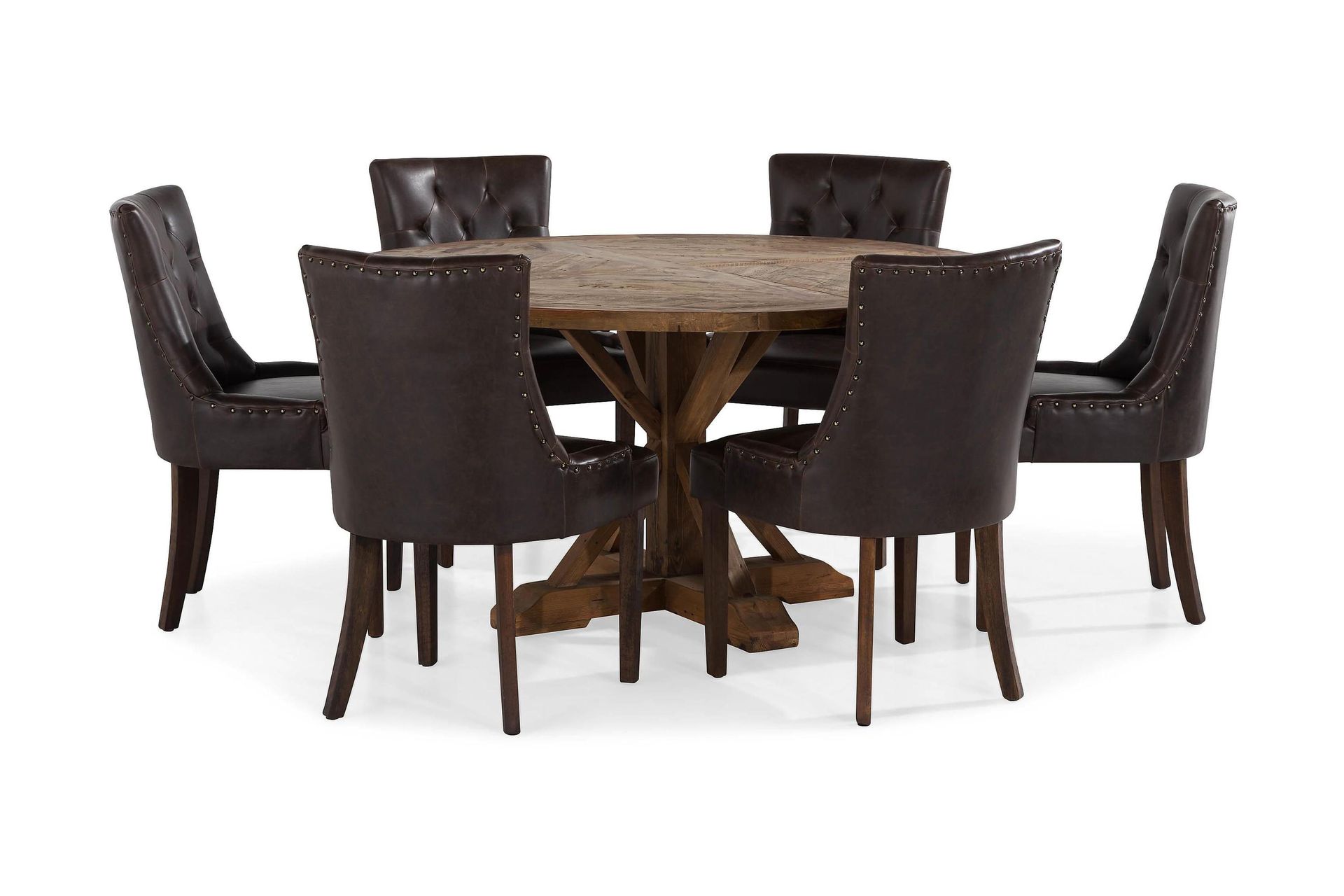 lyon matgrupp 150 cm rund mörkt trä med 6 tuva stolar - vintage alm / brun pu