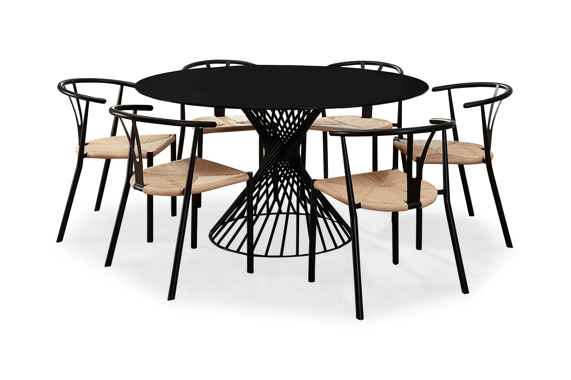 Matgrupp Jada 140 cm Rund Glas med 6 Tarnia Matstolar SvartNaturrotting