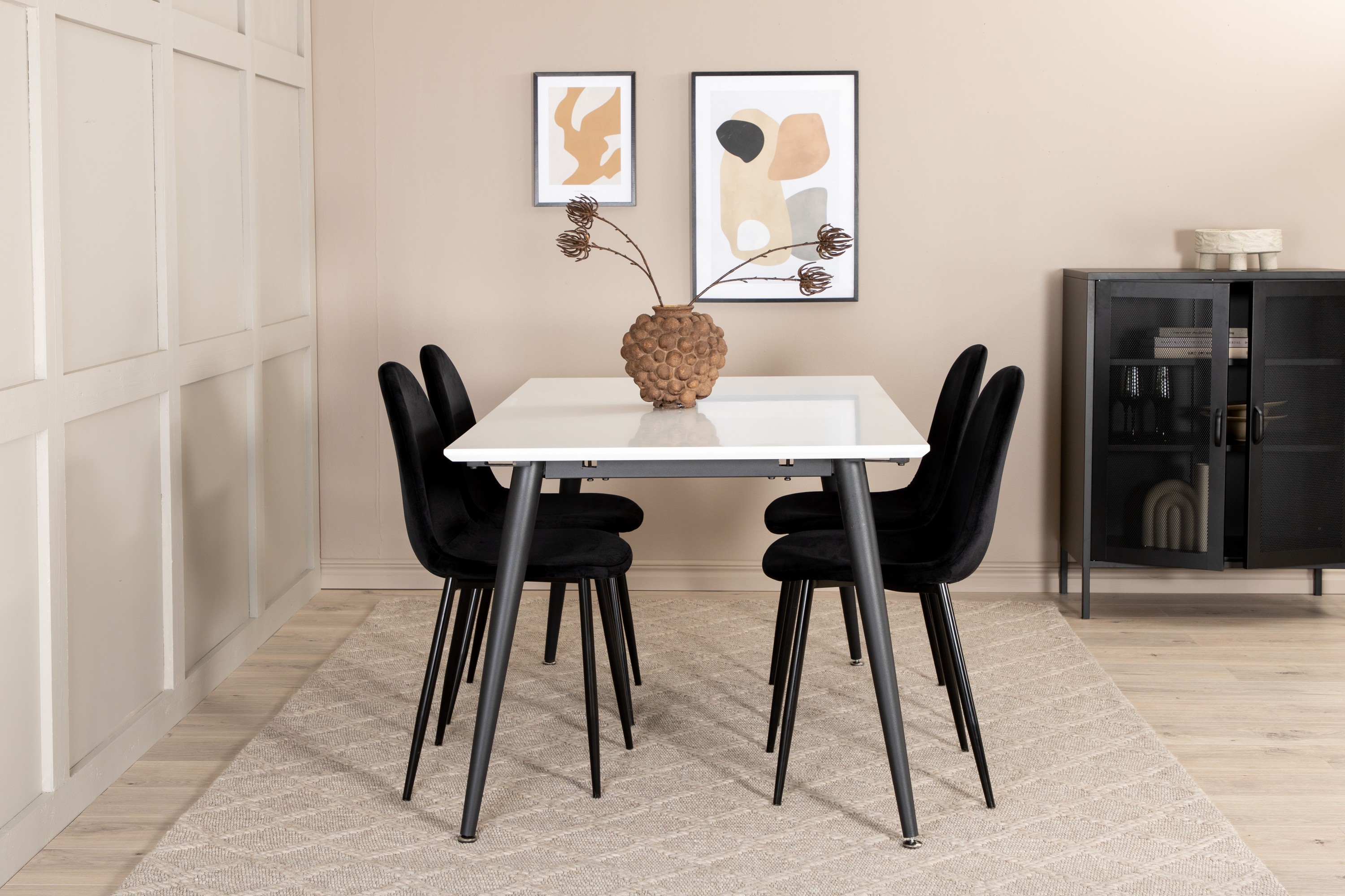 matgrupp jyma förlängningsbar 150 cm inkl 4 tommy stolar - vit/svart