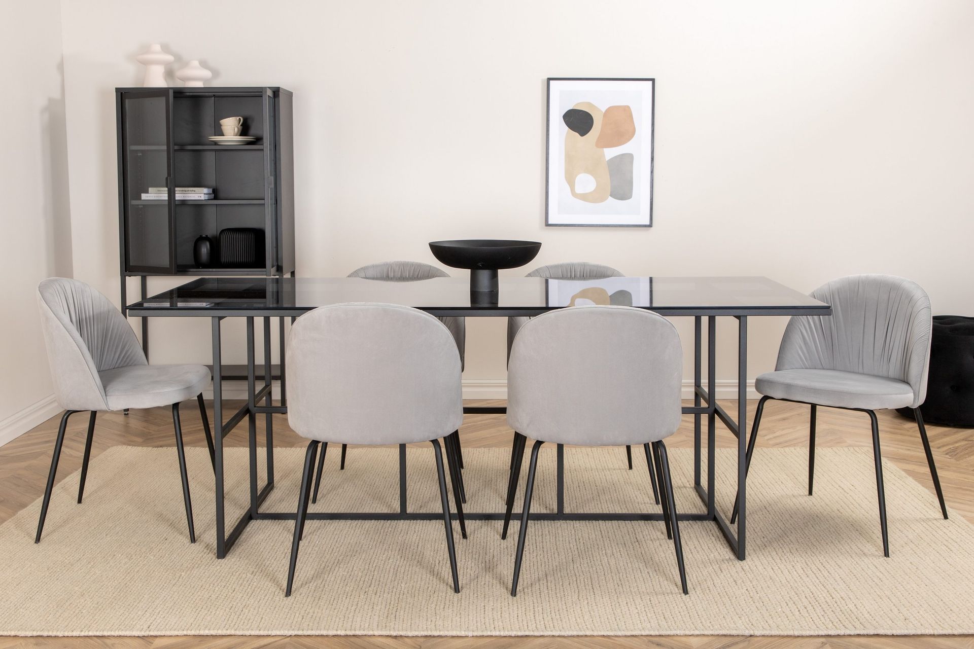 matgrupp leria 200 cm inkl 6 foyos stolar - glas/svart/grå