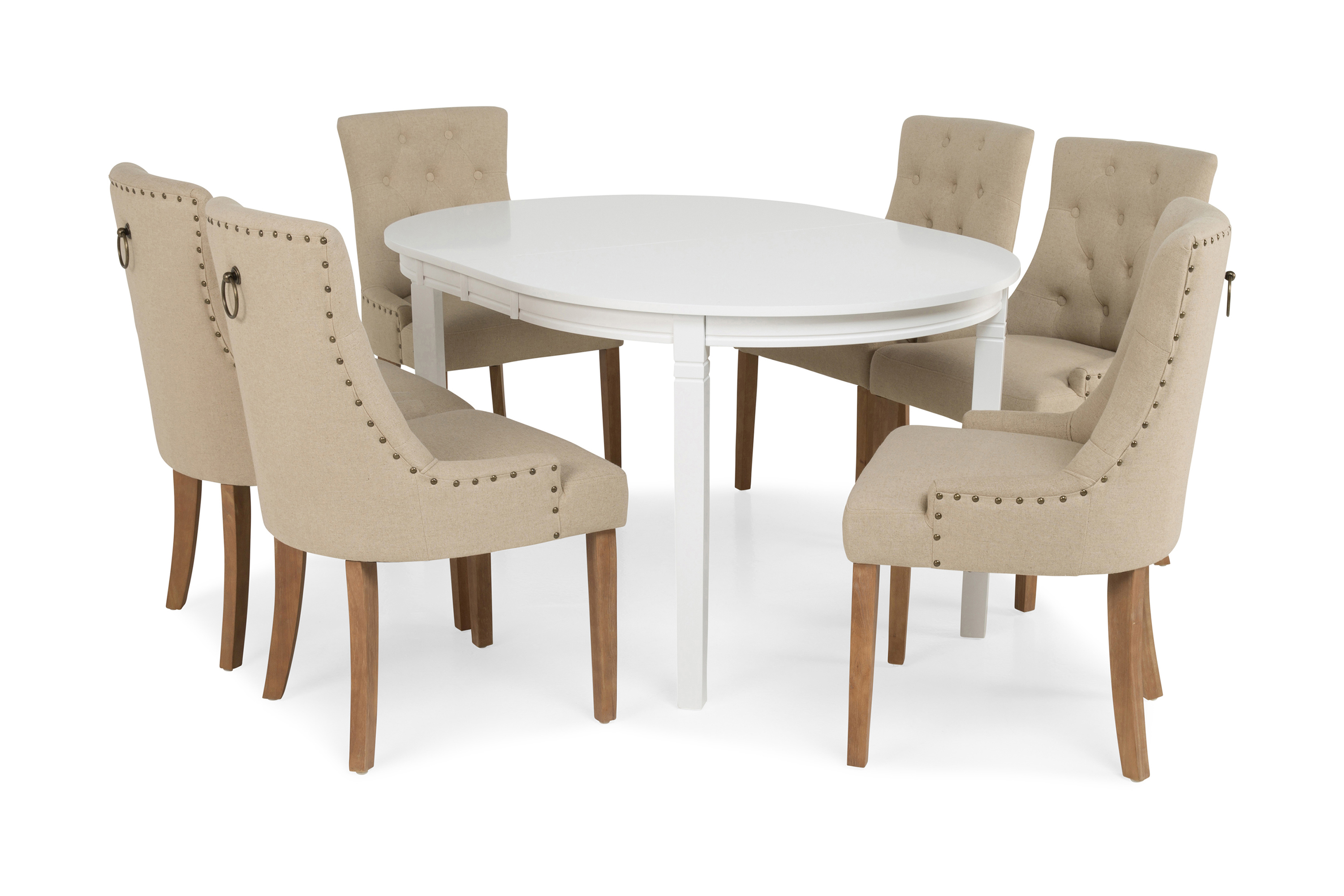 Matgrupp Lowisa Vit med 6st Ophelia stolar Tyg BeigeVit