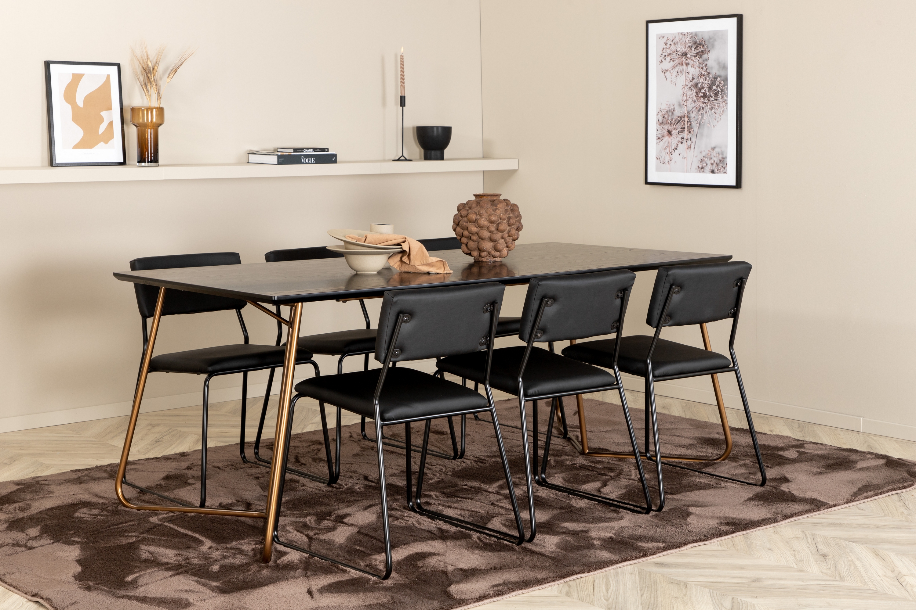 Matgrupp Pipaon 190 cm inkl 6 Kenten Stolar Svart/Koppar