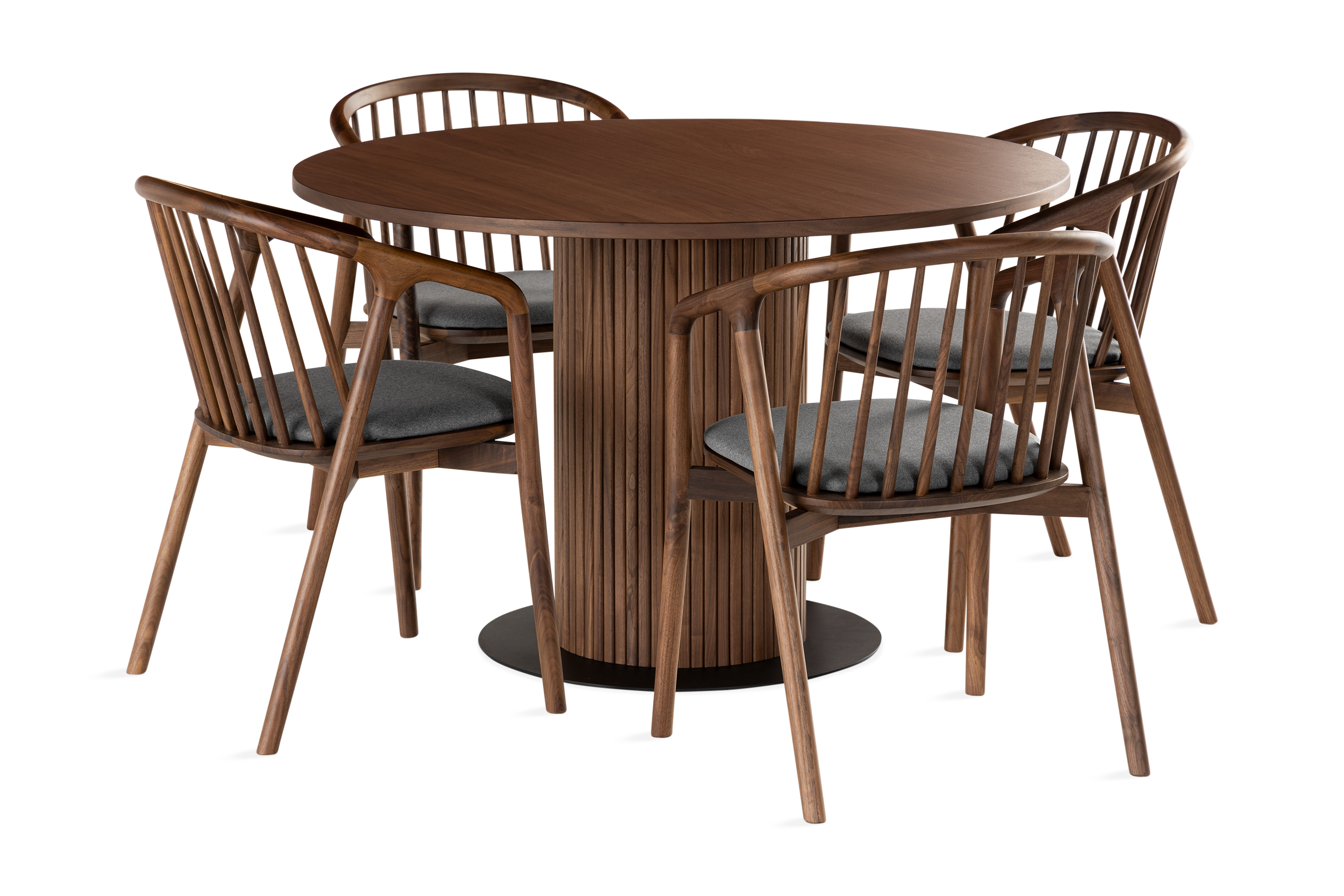 noira matgrupp 120 cm runt matbord med 4 noira stolar - valnöt