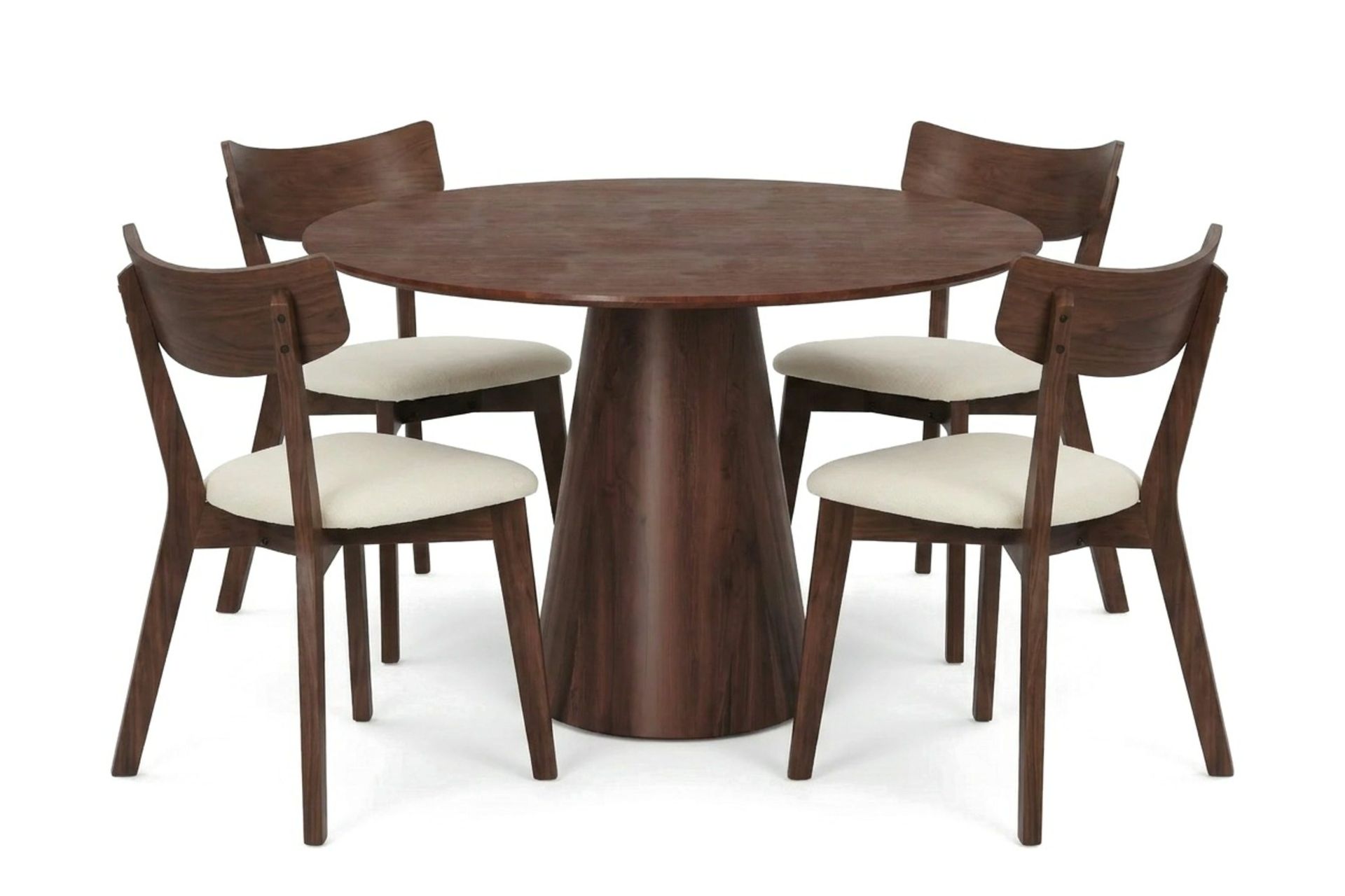 Siena Matgrupp 110 cm runt i Valnöt med 4 Amelia Matstolar med Dyna - Valnöt/Beige