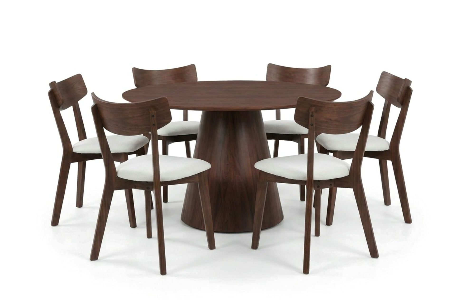 Siena Matgrupp 130 cm runt i Valnöt med 6 Amelia Matstolar med Dyna - Valnöt/Beige