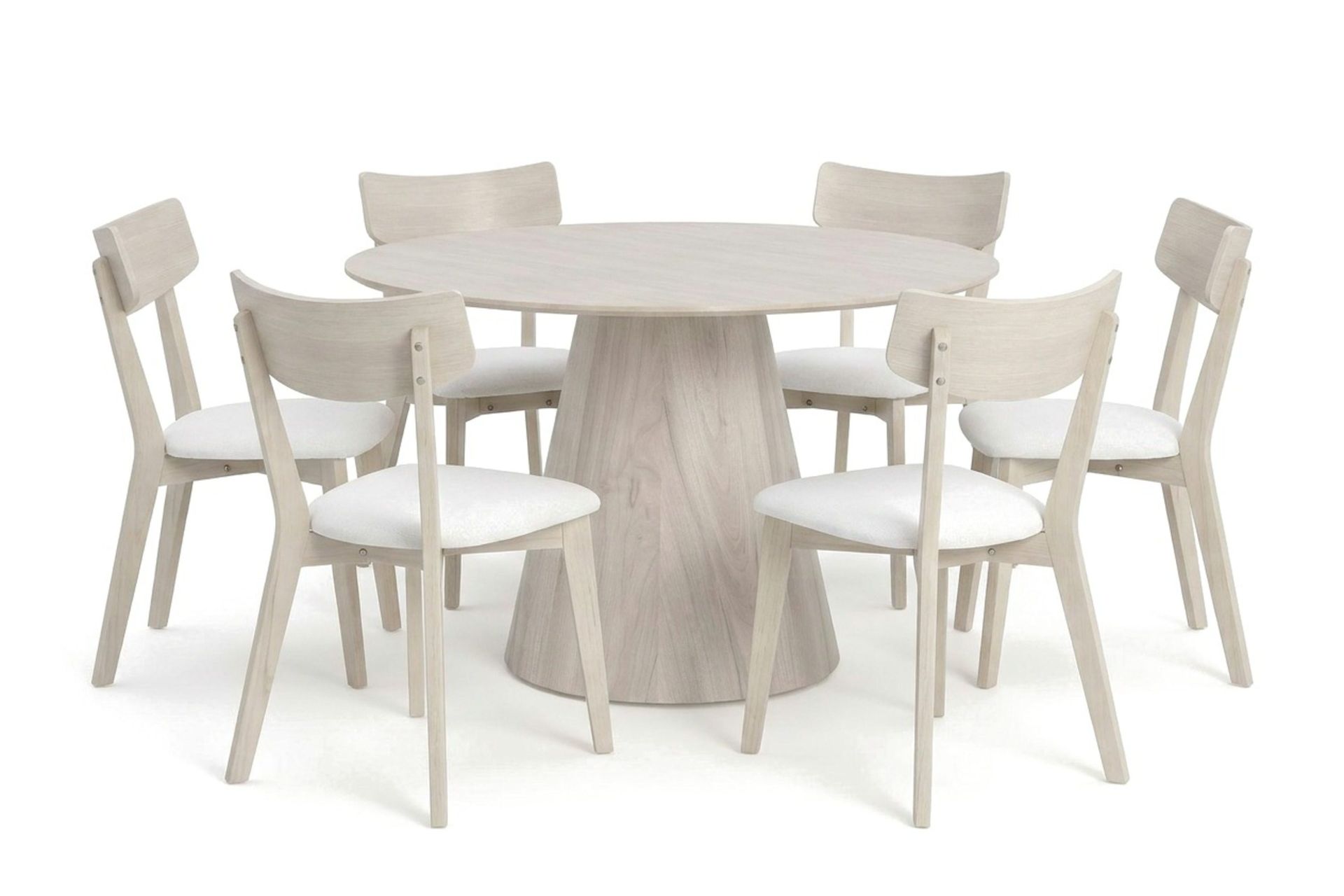 Siena Matgrupp 130 cm runt Vitlaserad med 6 Amelia Matstolar med Dyna - Vitlaserad/Beige