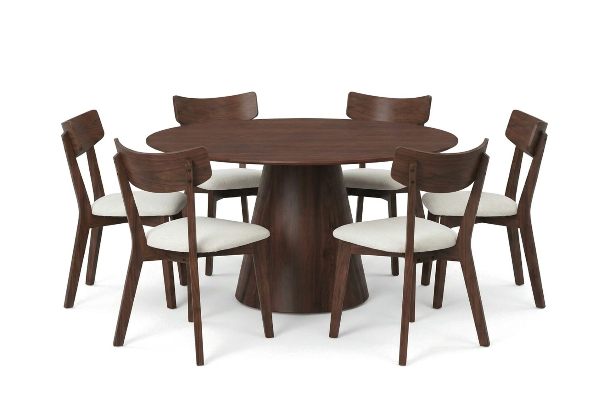 Siena Matgrupp 150 cm runt i Valnöt med 6 Amelia Matstolar med Dyna - Valnöt/Beige