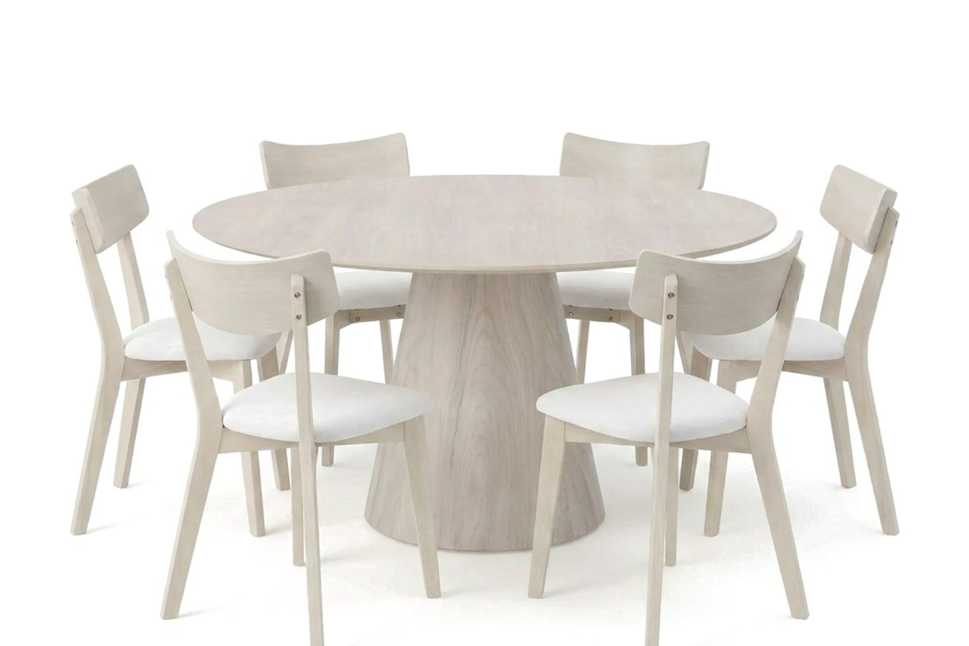 Siena Matgrupp 150 cm runt Vitlaserad med 6 Amelia Matstolar med Dyna - Vitlaserad/Beige