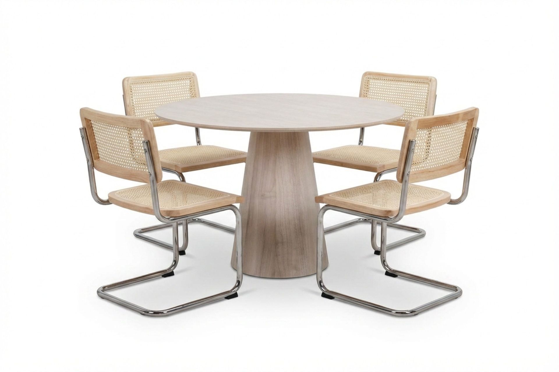 Siena Matgrupp runt 110 cm Vitlaserad med 4 Build Matstolar - Vitlaserad/Natur/krom