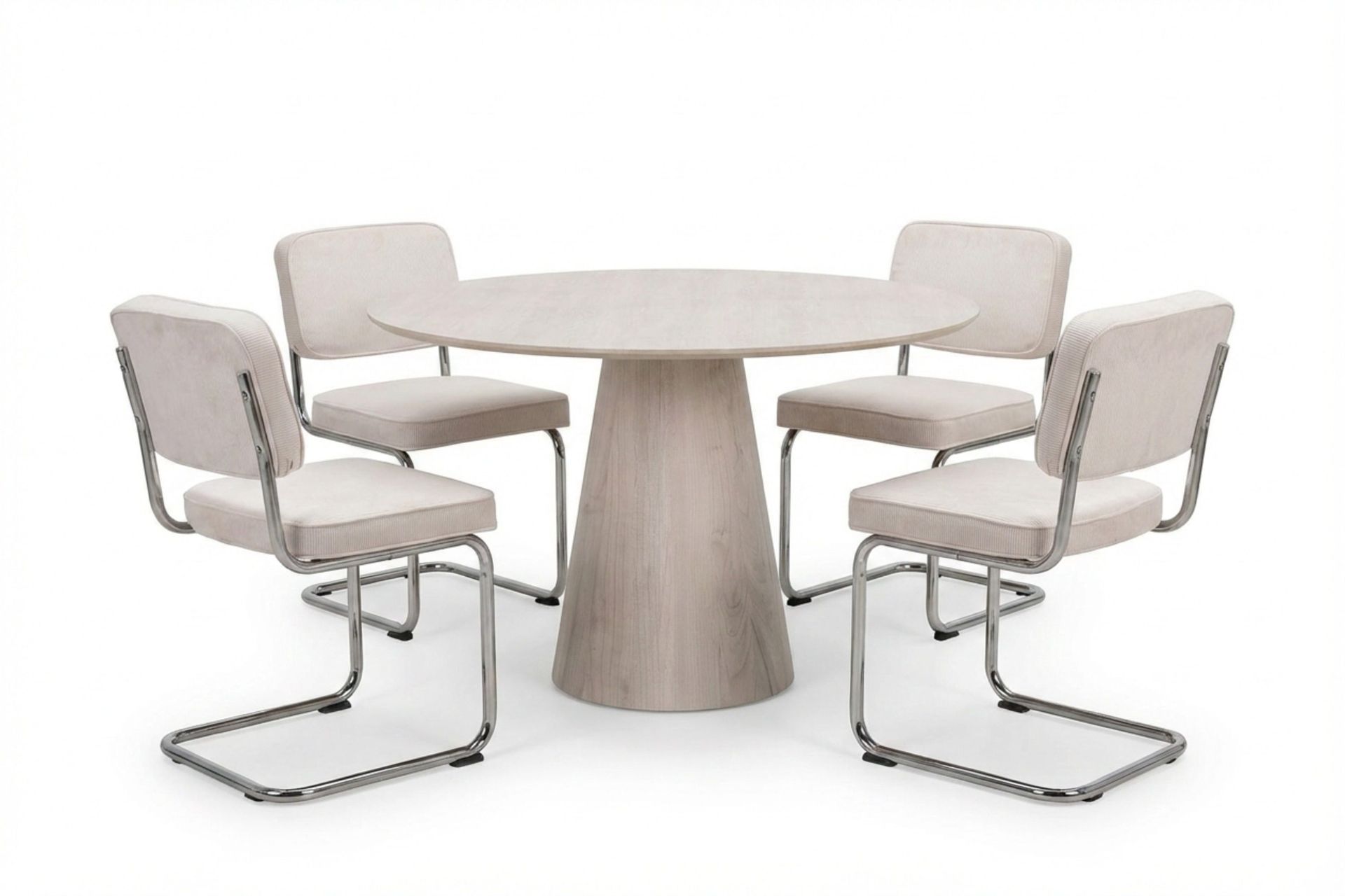 Siena Matgrupp runt 110 cm Vitlaserad med 4 Milva Matstolar - Vitlaserad/Beige/krom