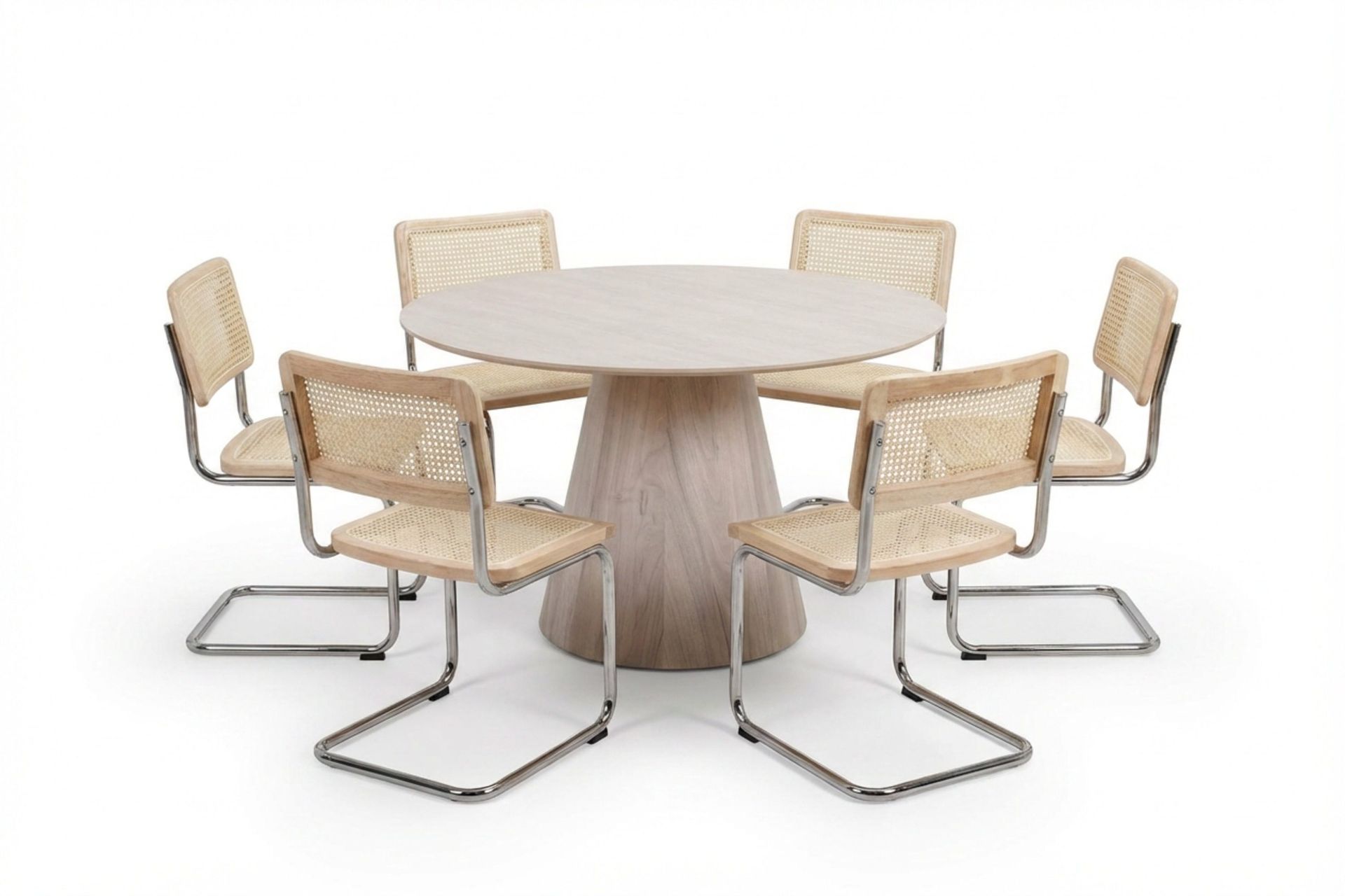 Siena Matgrupp runt 130 cm Vitlaserad med 6 Build Matstolar - Vitlaserad/Natur/krom