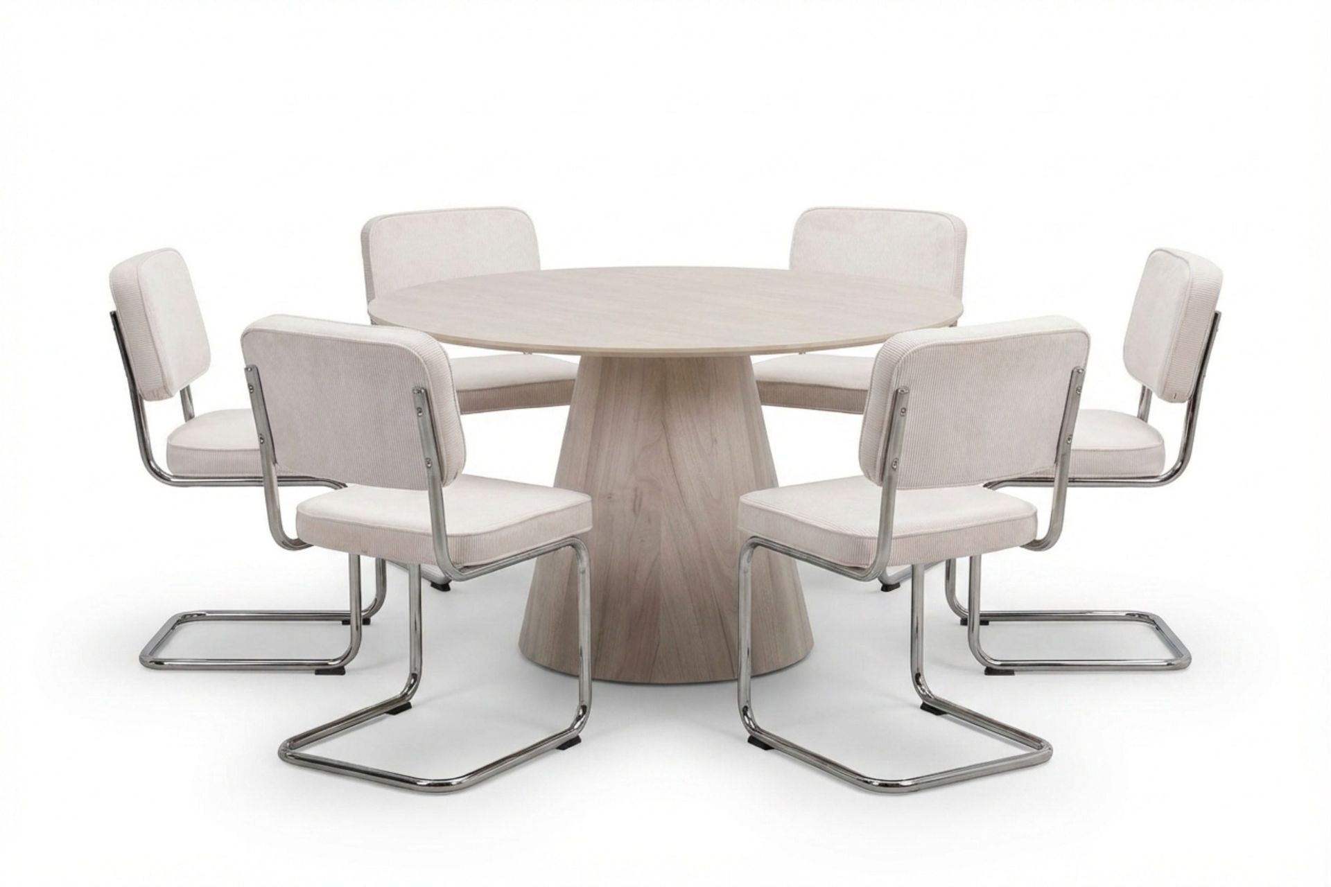 Siena Matgrupp runt 130 cm Vitlaserad med 6 Milva Matstolar - Vitlaserad/Beige/krom