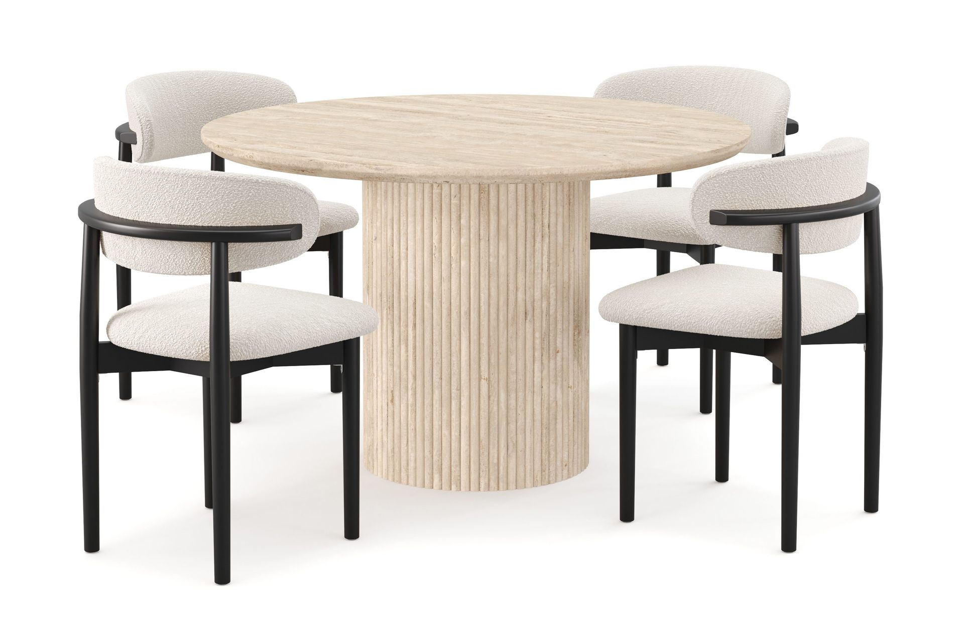 Uppveda Runt Matbord 120cm Travetin utseende med 4 st Jaiveer Matstolar - Beige