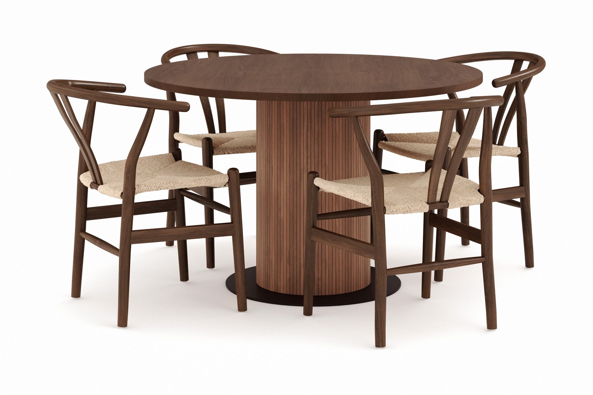 Noira Matgrupp 120 cm Massiv Valn&ouml;t Rund med 4 Dastoori Matstol - 2220070-4,2098428-1 - Brun / Beige / Valn&ouml;t