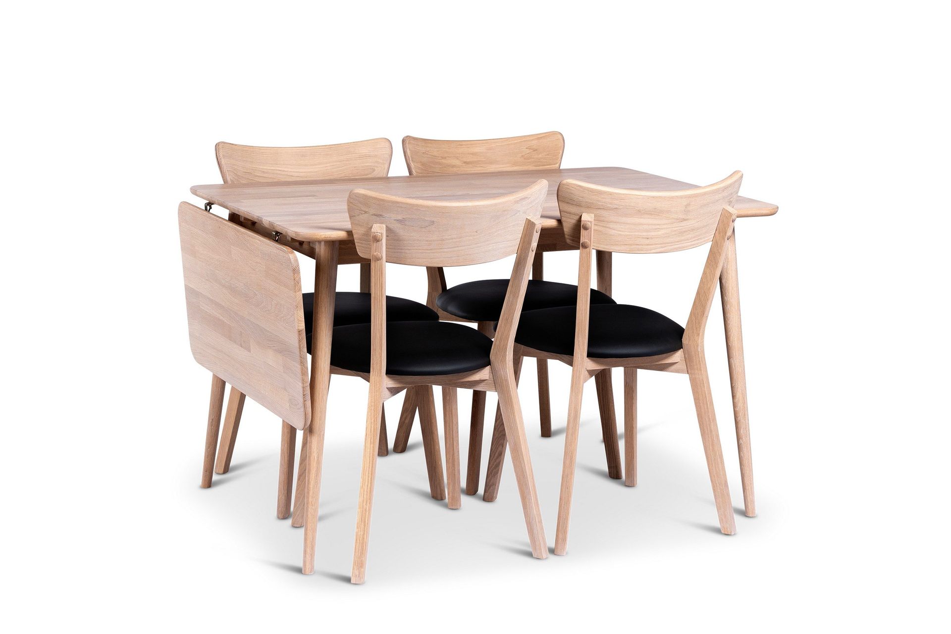 odense förlängningsbar matgrupp 120-160 cm med 4 eksjö stolar i massivt trä - natur