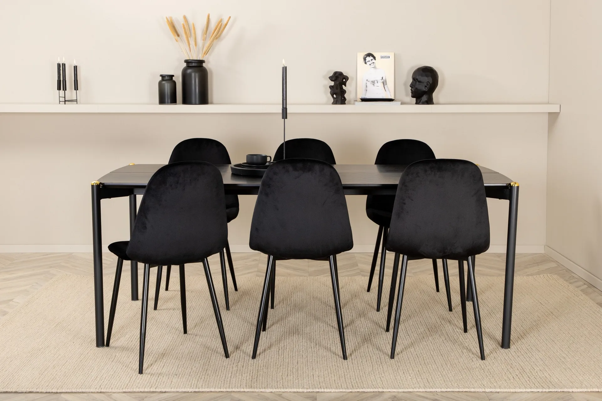 pelle matgrupp 190 cm rektangulär med 6 polar stolar - svart